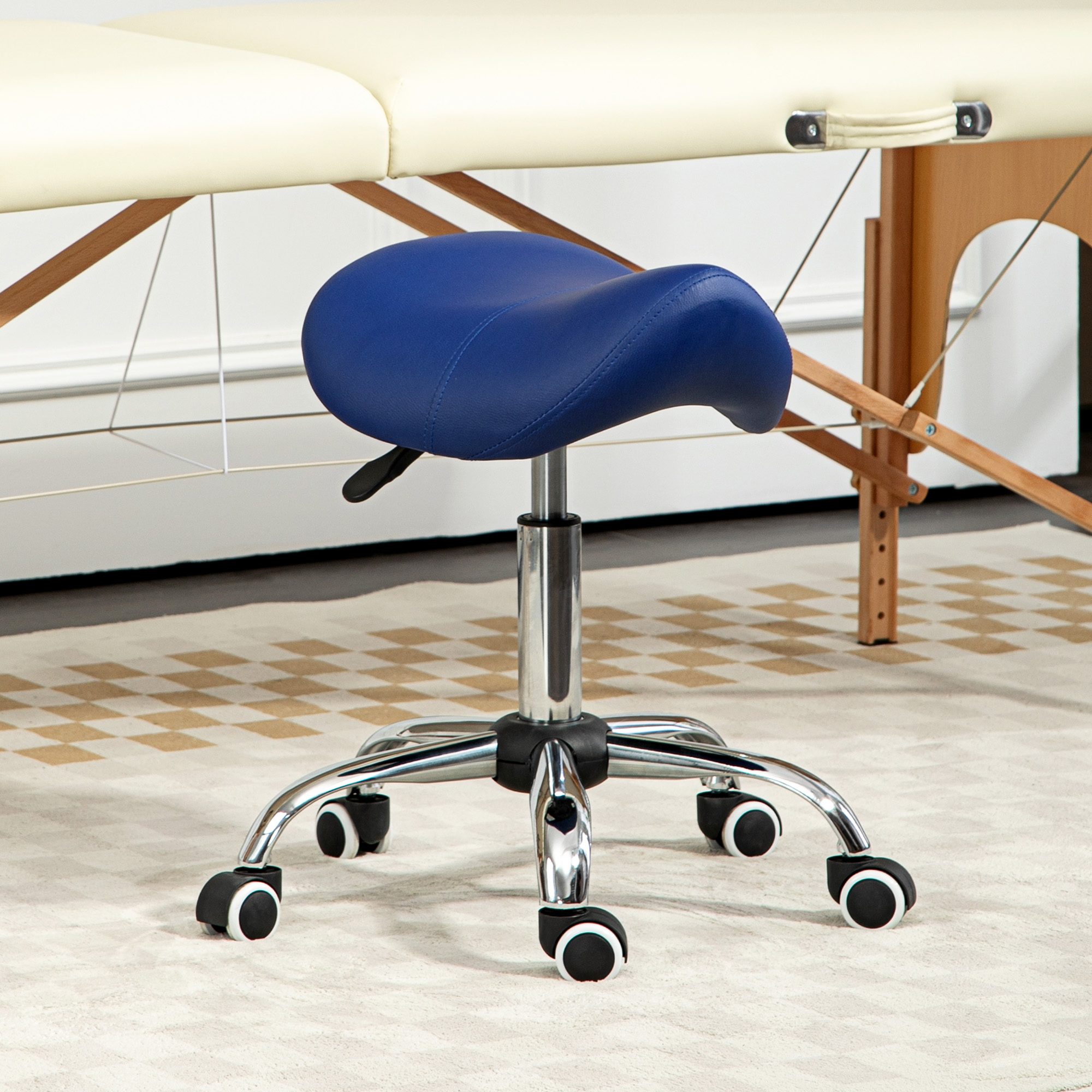 HOMCOM Saddle Stool, Height Adjustable Salon Chair for Massage Spa, Faux Leather, Dark Blue 2