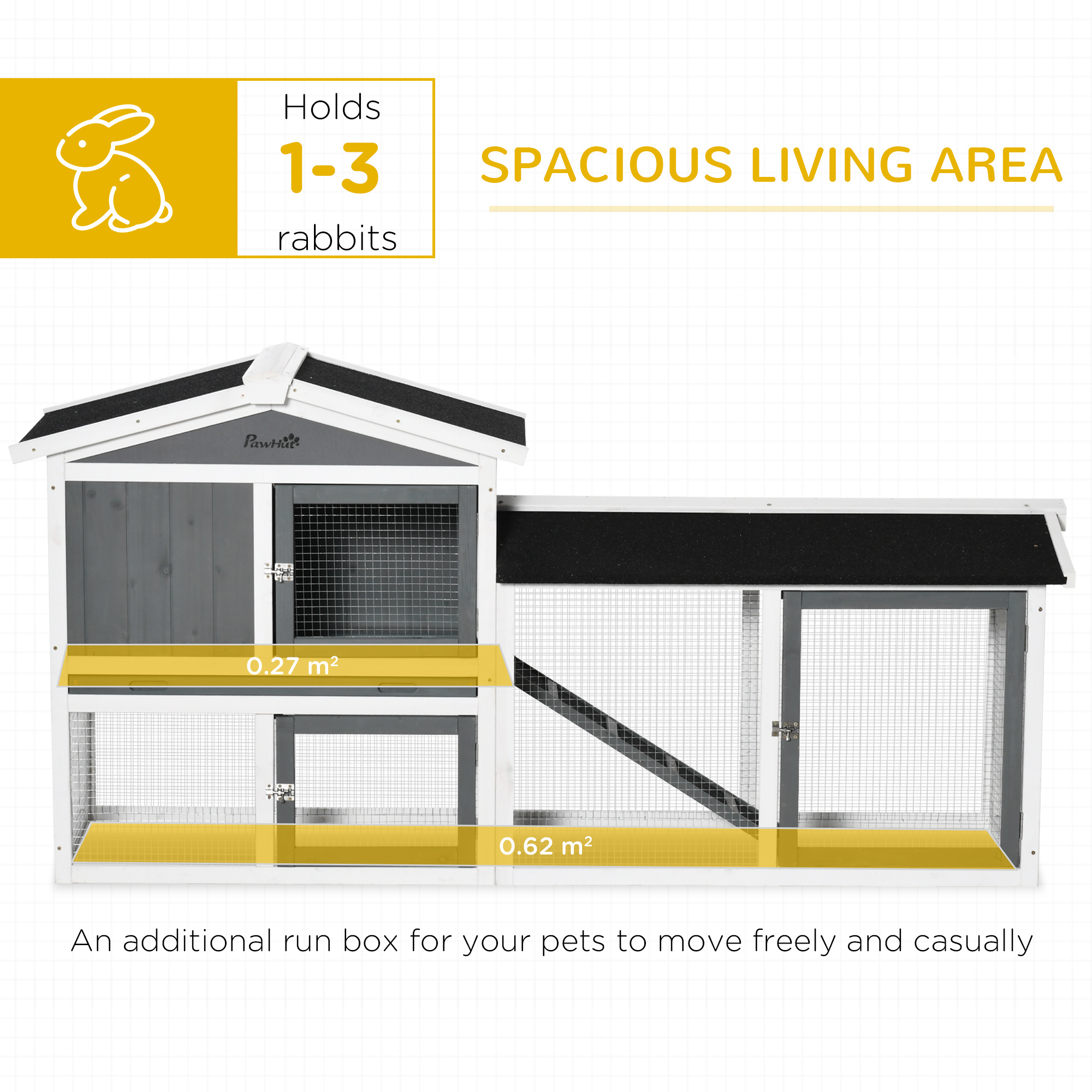 PawHut Rabbit Hutch Outdoor, 2-Tier Guinea Pig Hutch, Wooden Small Animal House with Rabbit Run Box, Slide-out Tray, Ramp, 175.8 x 52 x 85.5 cm, White 4