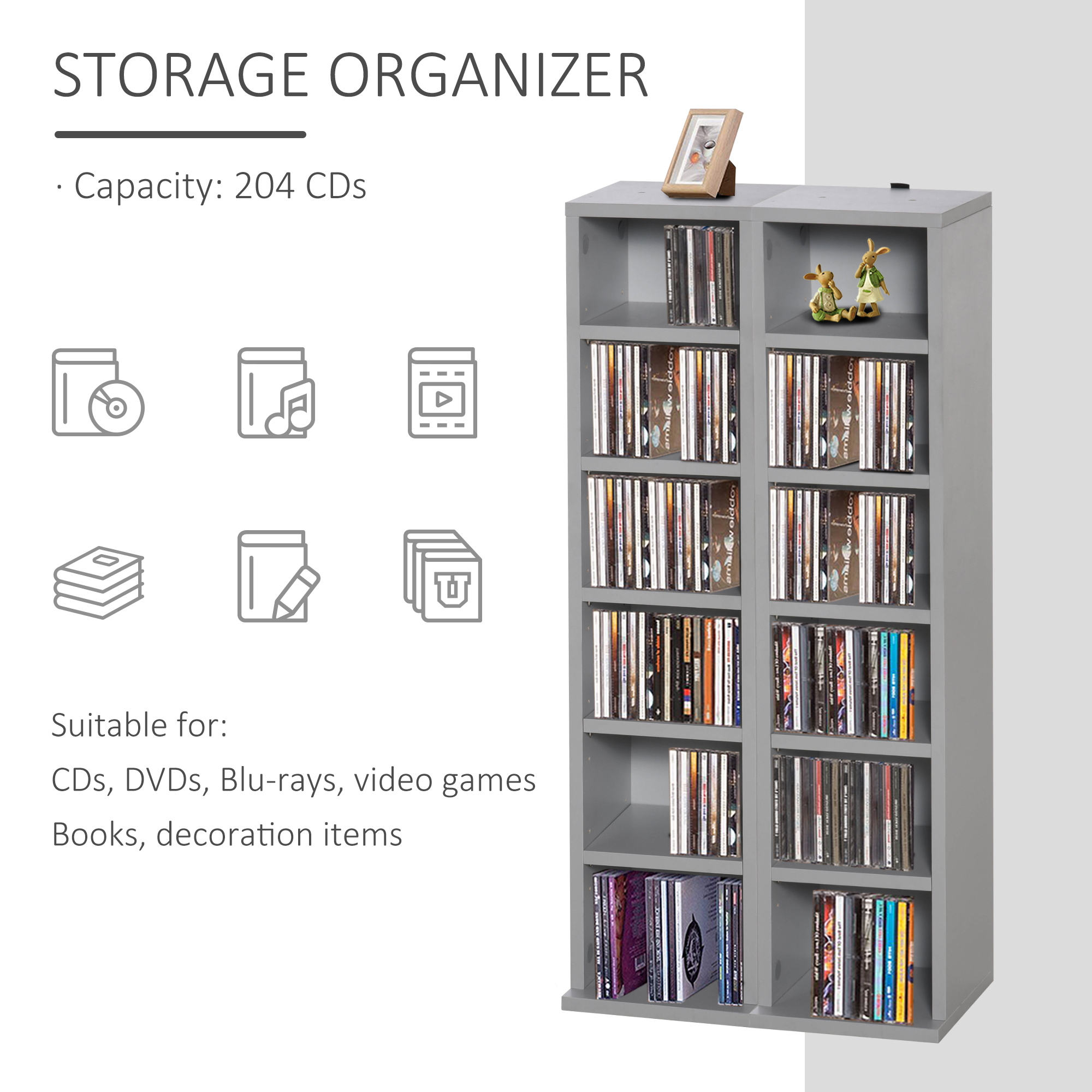 HOMCOM 204 CD Media Display Shelf Unit Set of 2 Blu-Ray Tower Rack w/ Adjustable Shelves Bookcase Storage Organiser, Grey 5