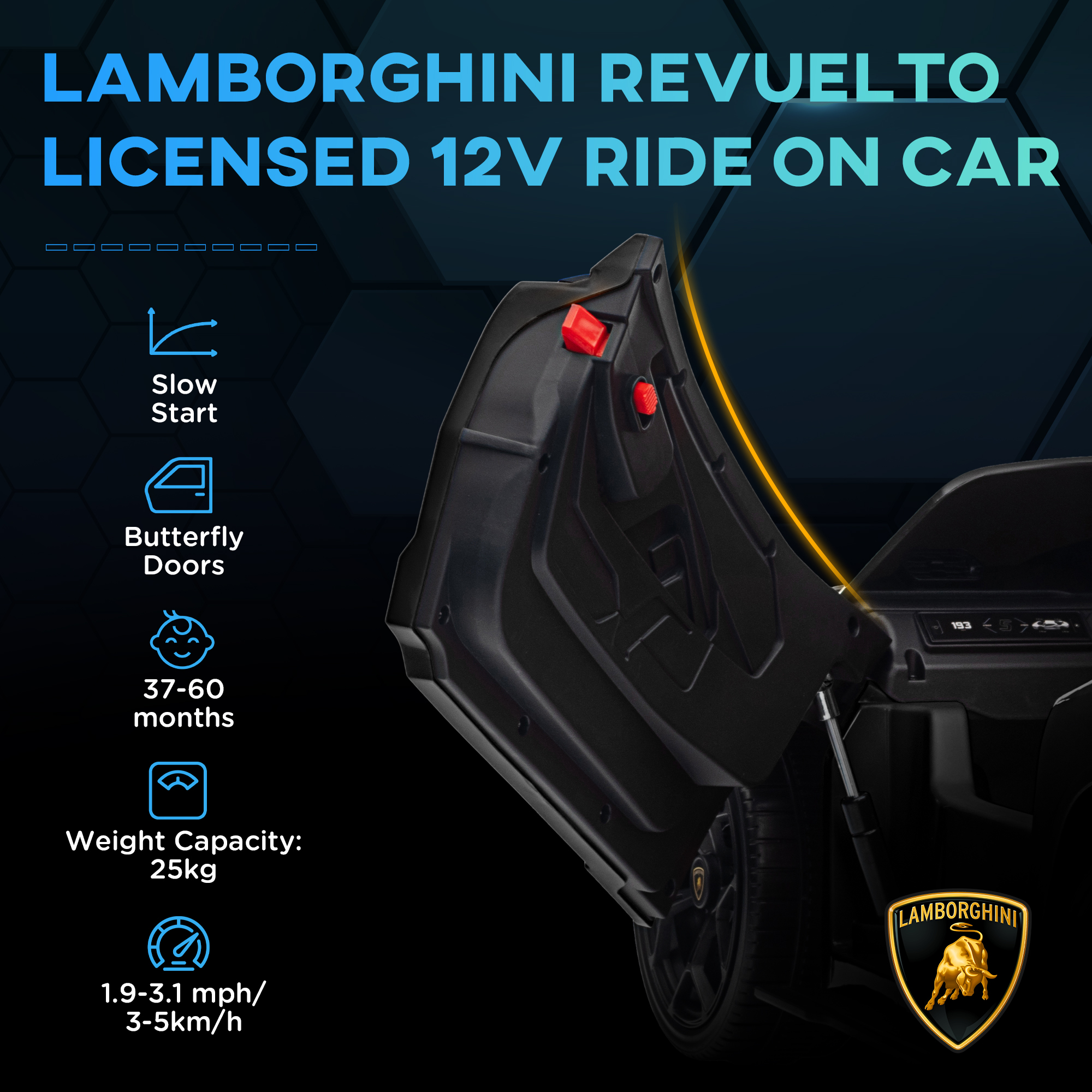 AIYAPLAY Lamborghini Revuelto Licensed 12V Ride on Car w/ Butterfly Doors, Transport Wheels, Suspension, Remote Control, Black 4