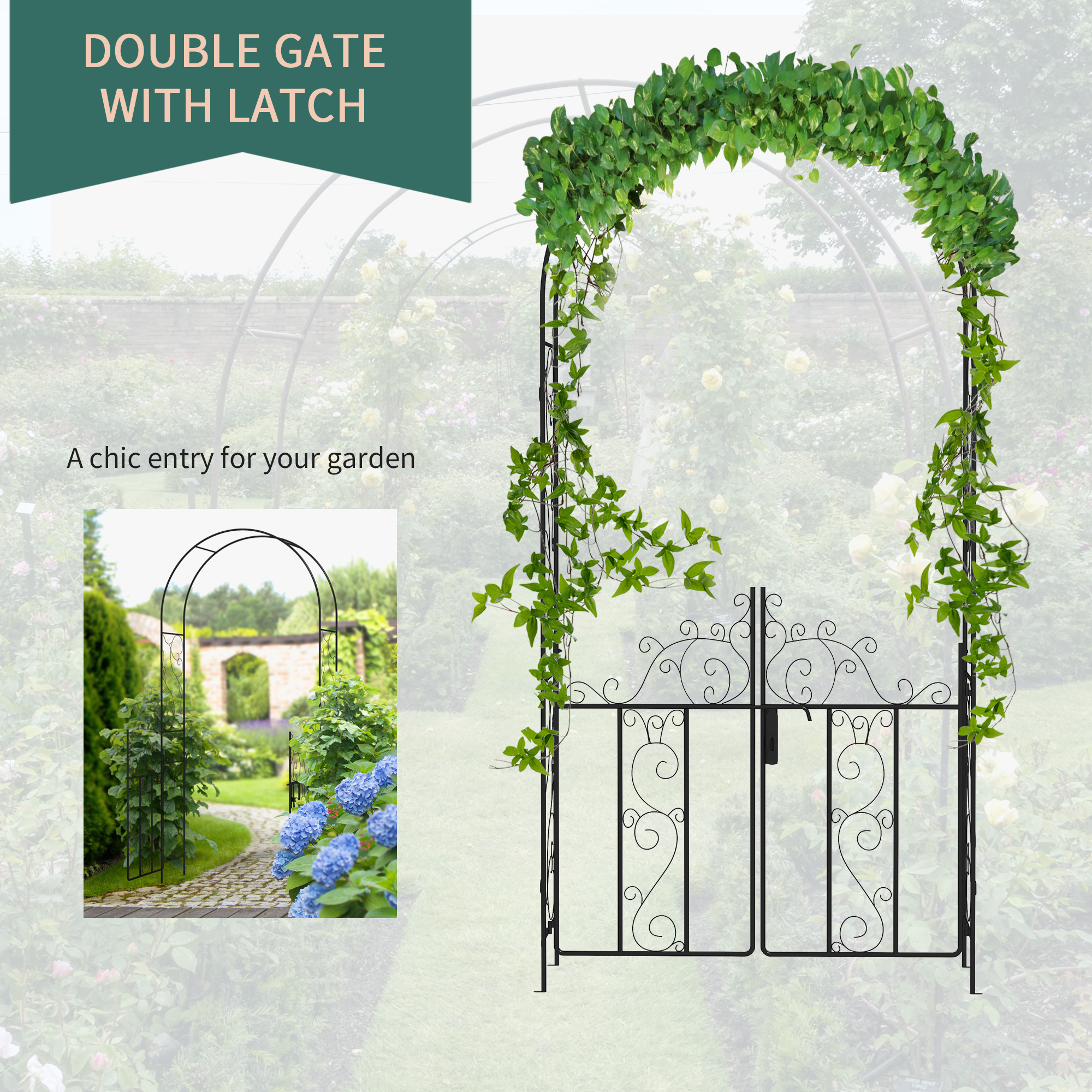Outsunny Outdoor Garden Arch with Double Gates, Metal Garden Arbor for Climbing Plants, Roses, Vines, Wedding Arch for Outdoor, 125L x 38W x 227H cm, Black 5