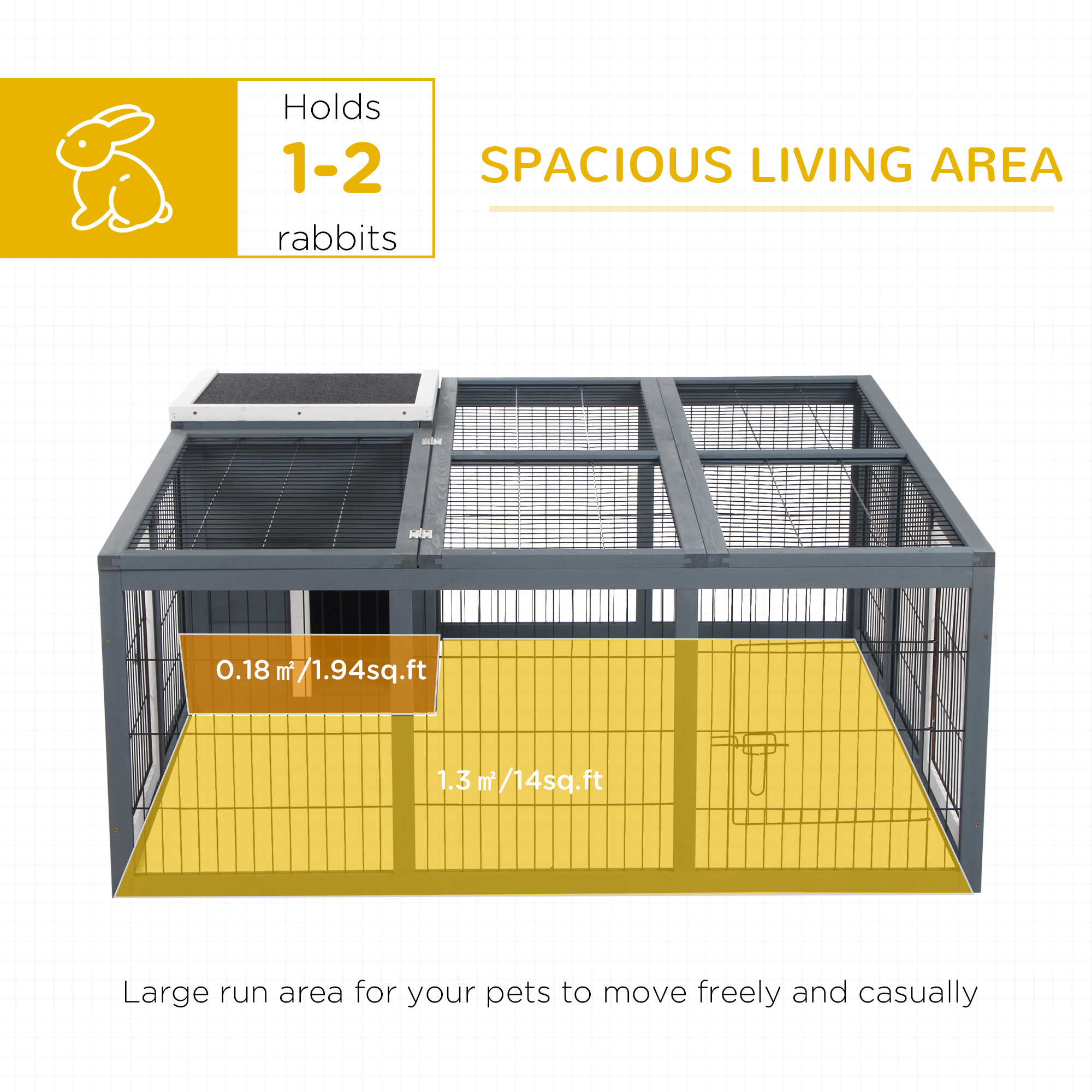 PawHut Rabbit Hutch Outdoor, Guinea Pig House, Bunny Run Cage with Openable Top for 1-2 Rabbits, 123 x 120 x 52cm, Grey 4