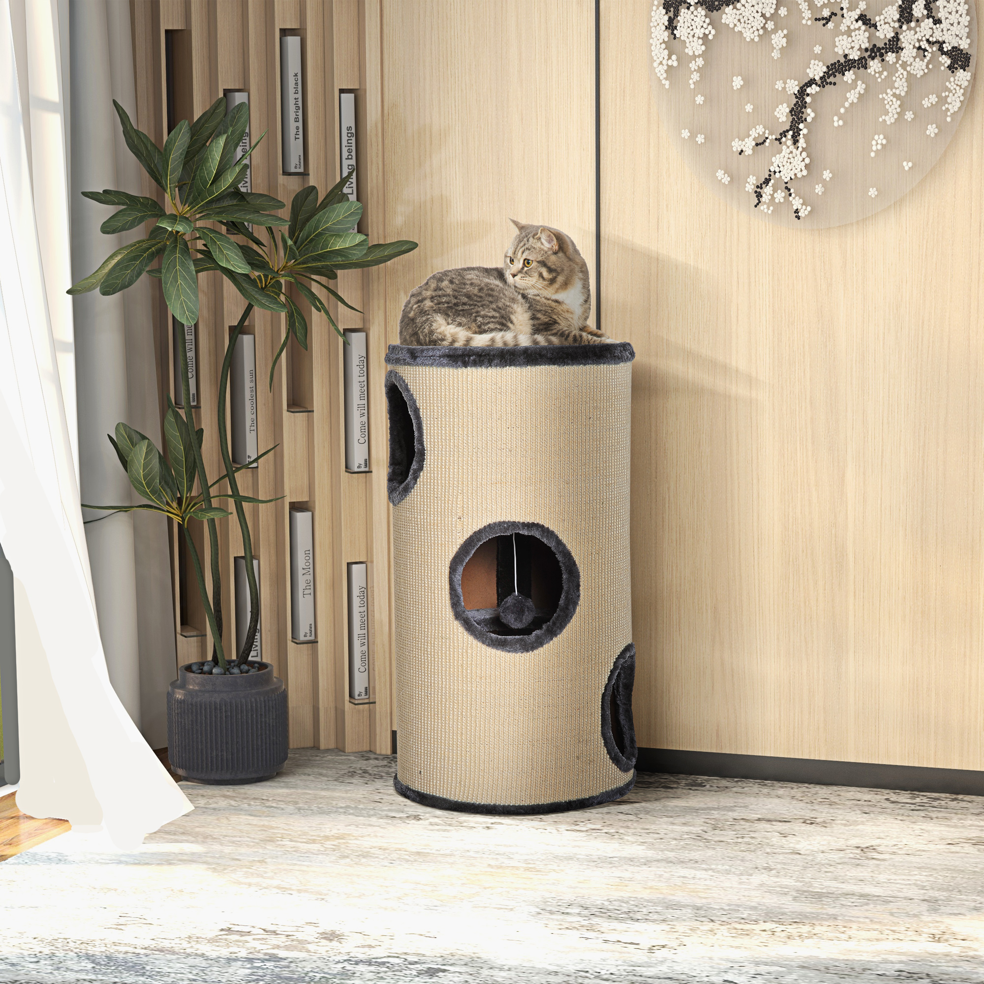 PawHut 70cm Height Cat Post Tree Scratching Barrel Sisal Activity Center Condo Kitten Bed Scratcher Climbing Climber Play House for Indoor Cats 2