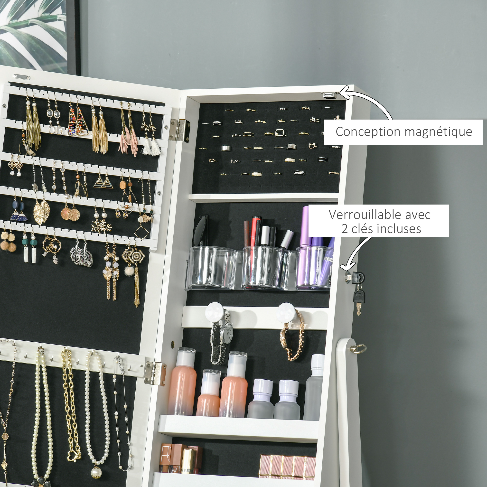 Armoire à Bijoux Avec Miroir - 100 Espaces Boucles D'Oreilles, Serrure - Blanc 46x36x151cm - HOMCOM