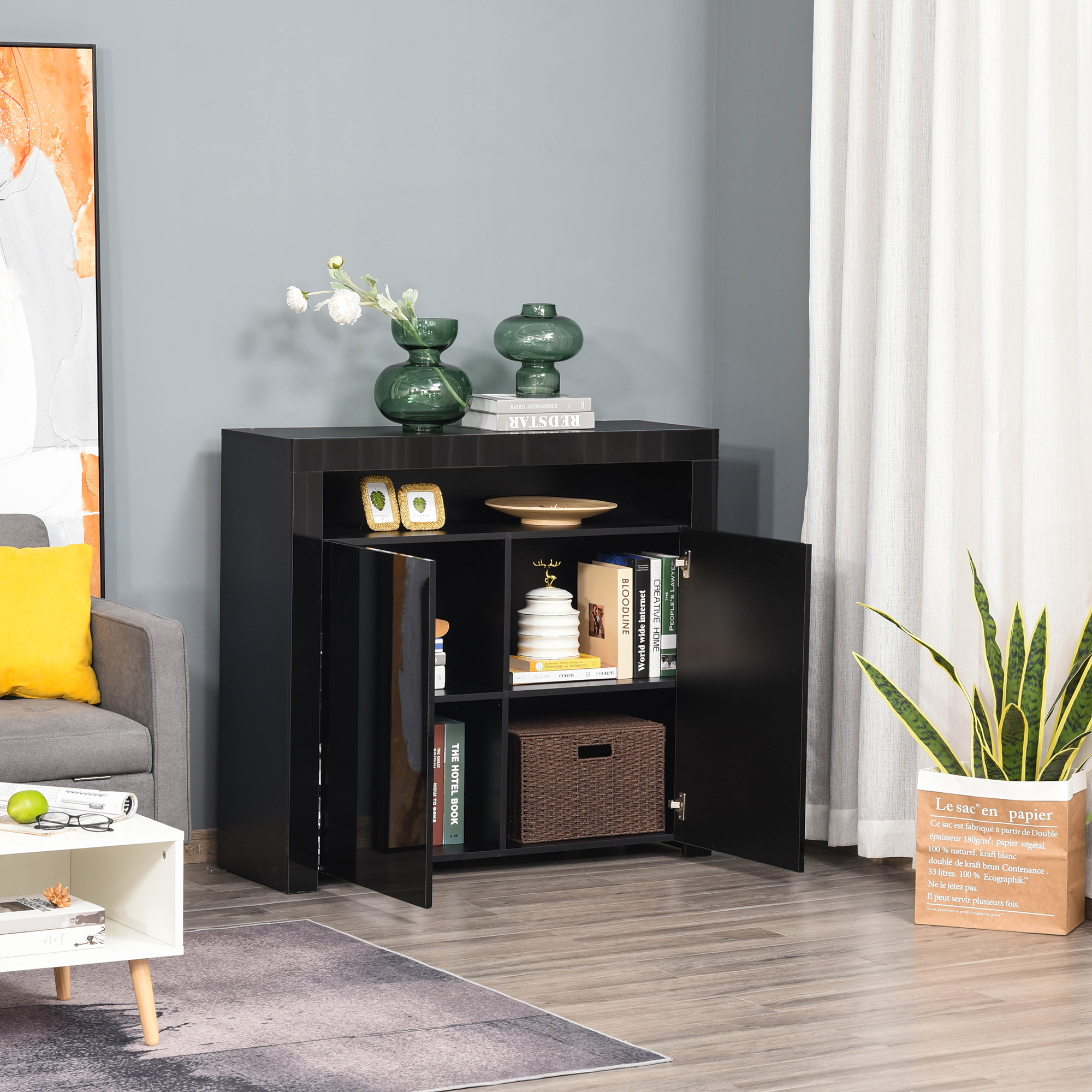 HOMCOM LED Storage Cabinet, Cupboard with High Gloss Front and RGB Lighting, Modern Sideboard for Entryway, Dining Area, Living Room, Black 7