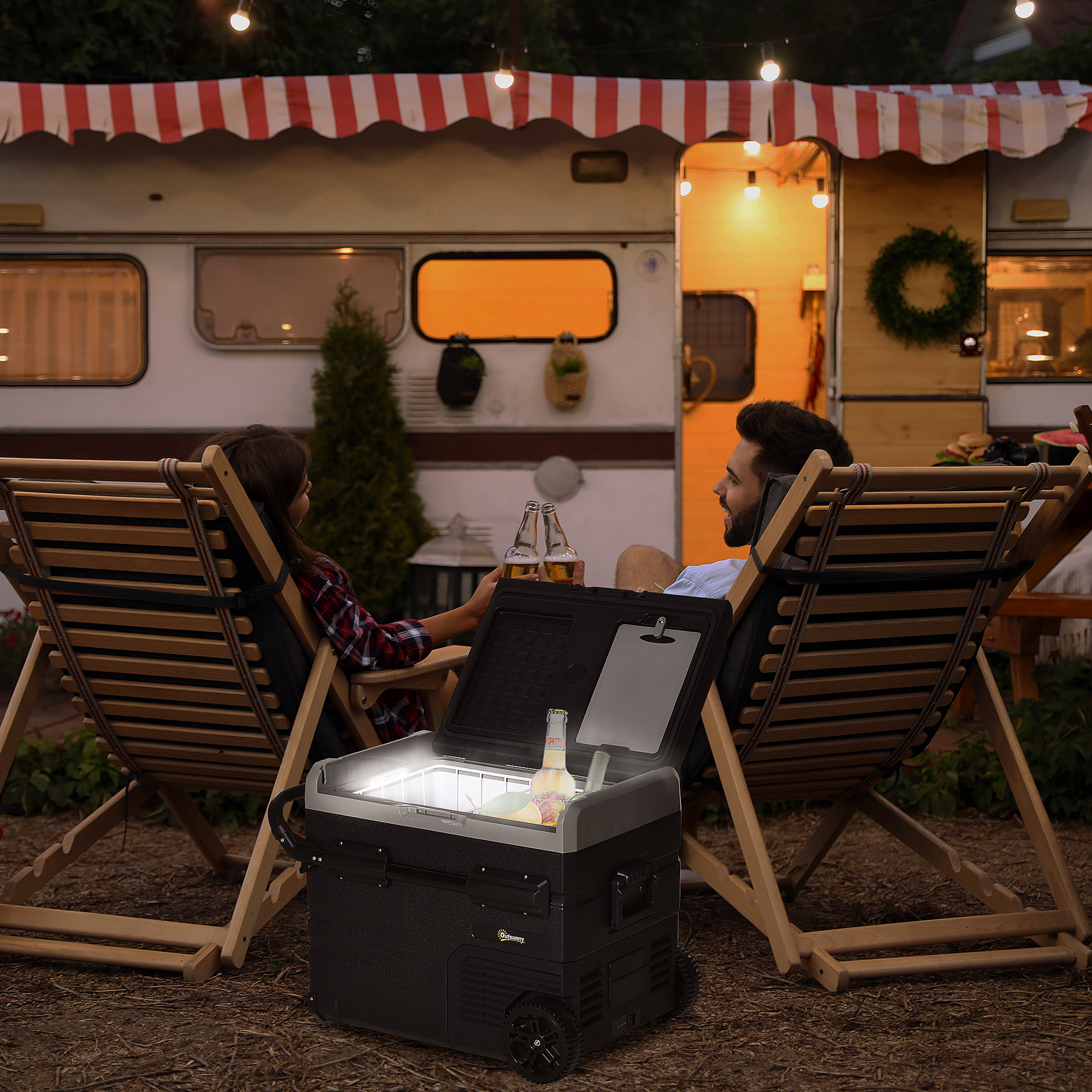 Outsunny 40L Car Refrigerator, Portable Compressor Cooler Box, Fridge Freezer w/ Inner LED Light, Foldable Handles, Cup Holders, 12/24V DC and 110-240V AC for Campervan RV Boat Travel Down to -20℃