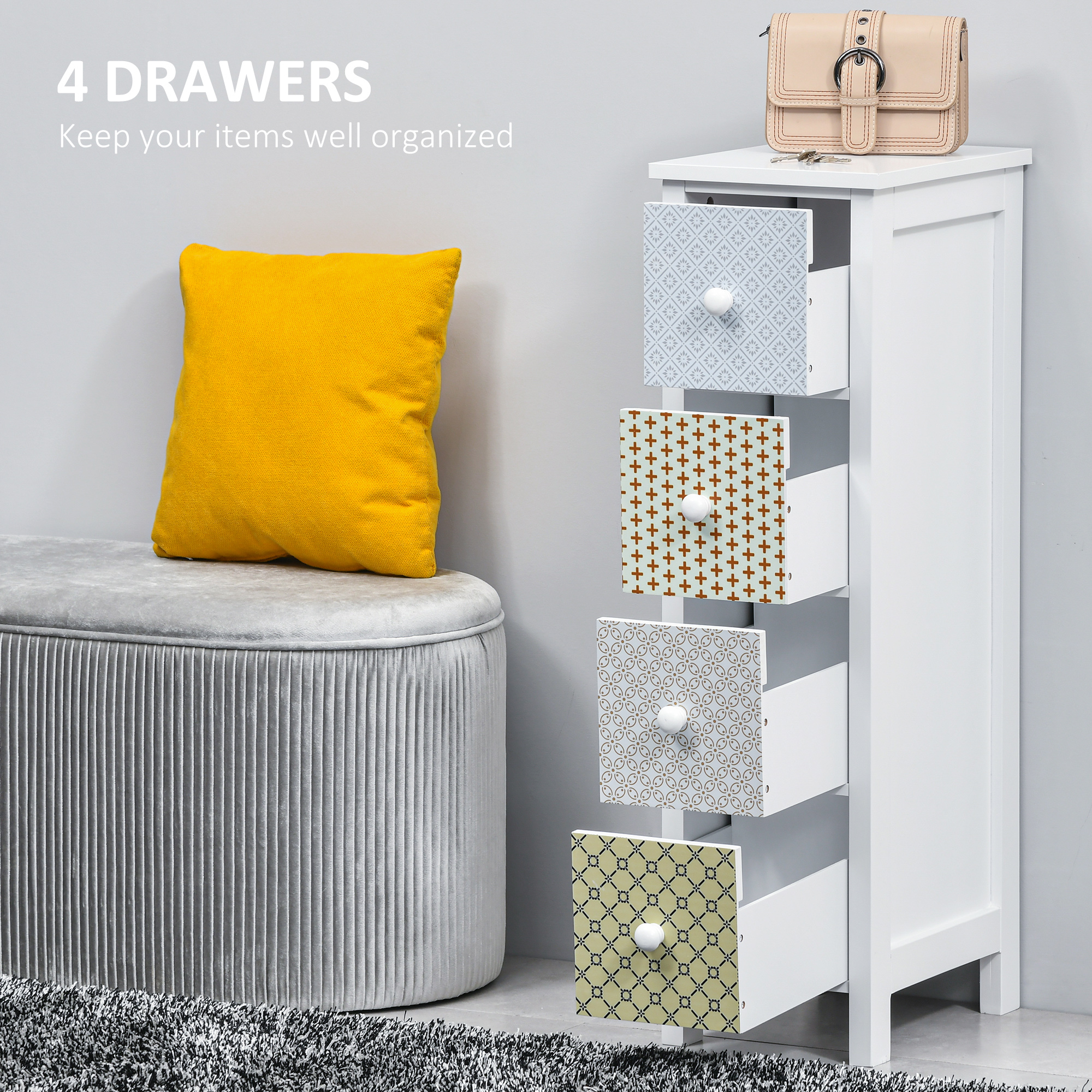 HOMCOM Chest of Drawers, 4 Drawer Dresser, Storage Organizer Toilet Tissue Cabinet for Bedroom, Bathroom 4