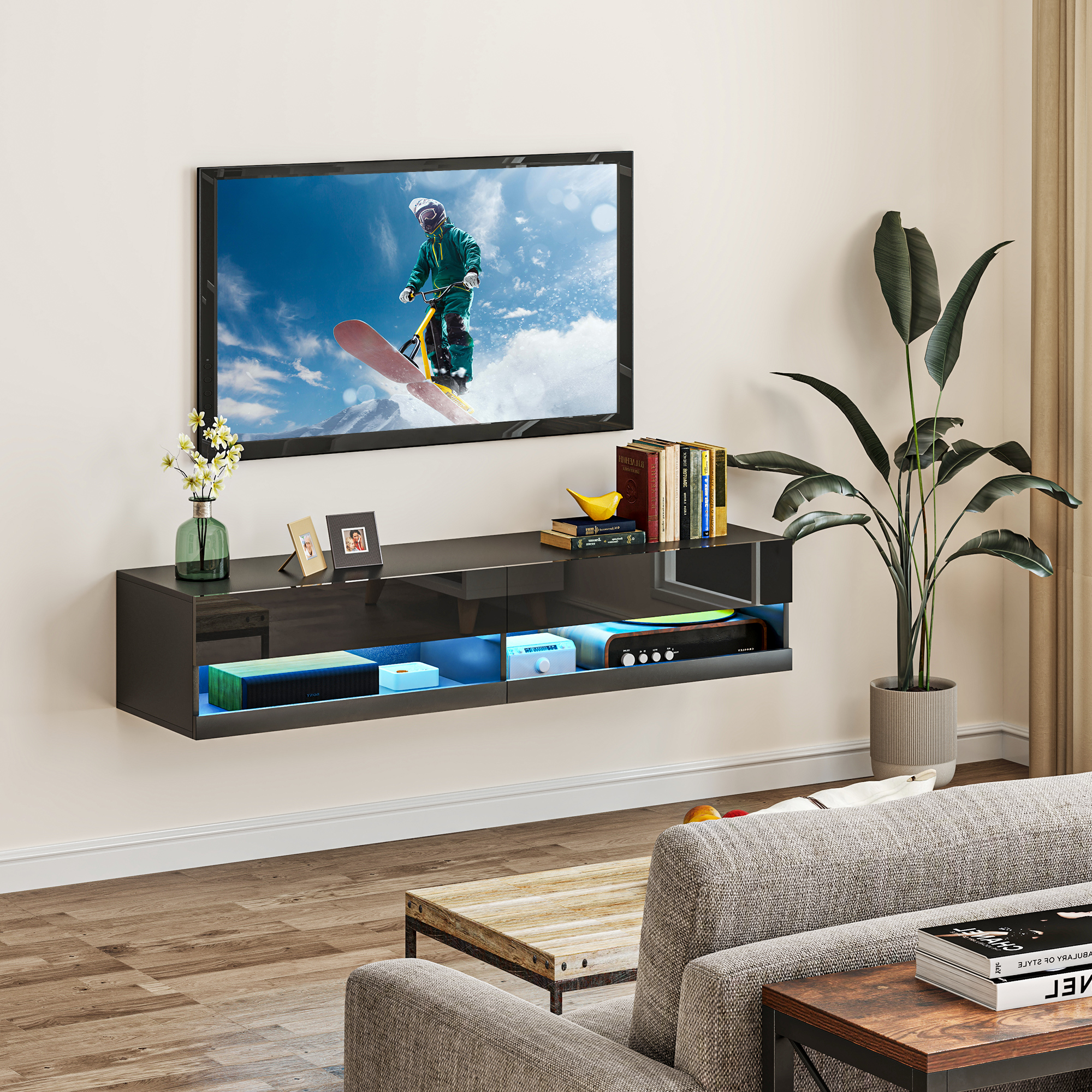 HOMCOM Floating TV Unit, Wall Mounted TV Cabinet for TVs up to 65", High Gloss Media Wall Unit with LED Lights, Storage Shelves for Living Entertainment Room, Black 2