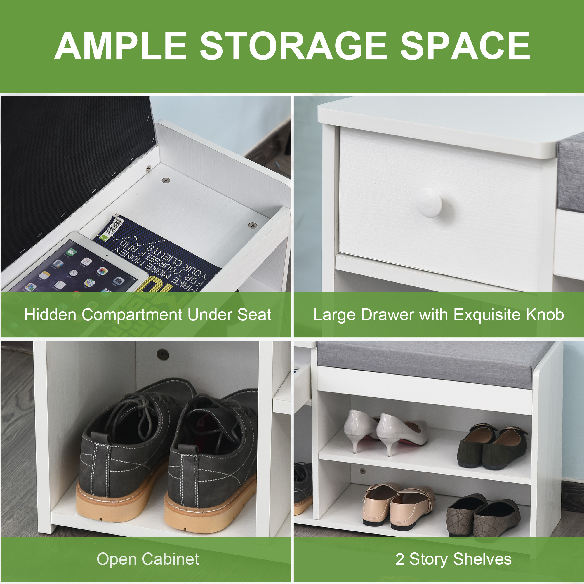 HOMCOM Multi-Storage Shoe Bench w/ Drawer 3 Compartments Cushioned Home Organisation Furniture Tidy Boots Hallway Entryway White 5
