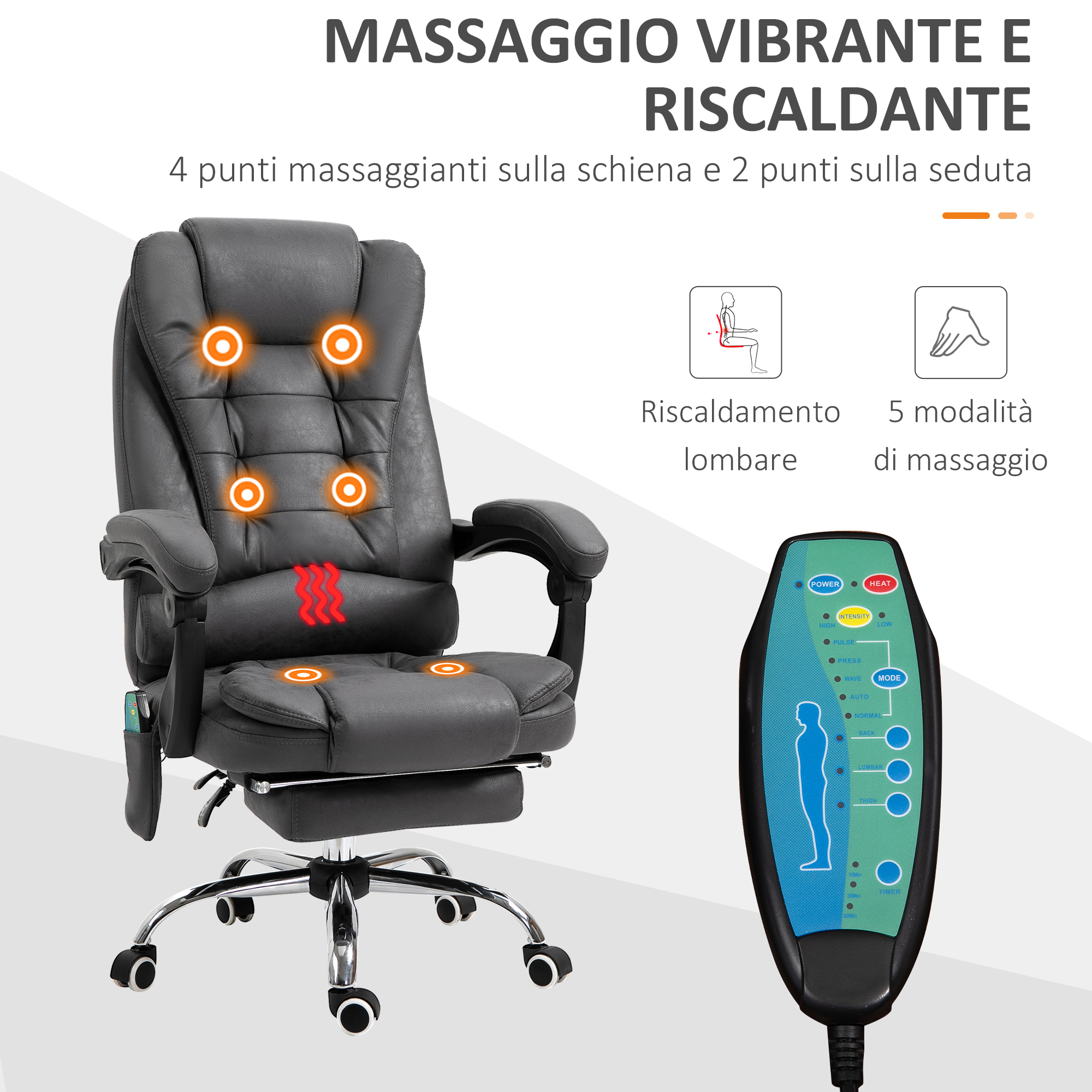 Vinsetto Sedia Ufficio Massaggiante E Riscaldata – Ergonomica, Reclinabile 130°, Girevole 360°, Tessuto Blu