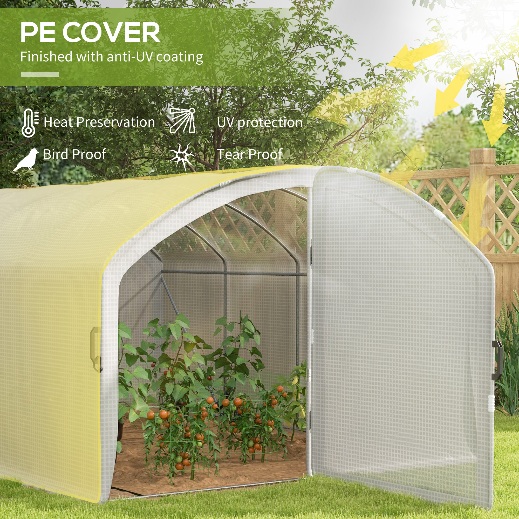 Outsunny Polytunnel Greenhouse Walk-in Grow House with UV-resistant PE Cover, Door, Galvanised Steel Frame, 4 x 3 x 2m, White 4