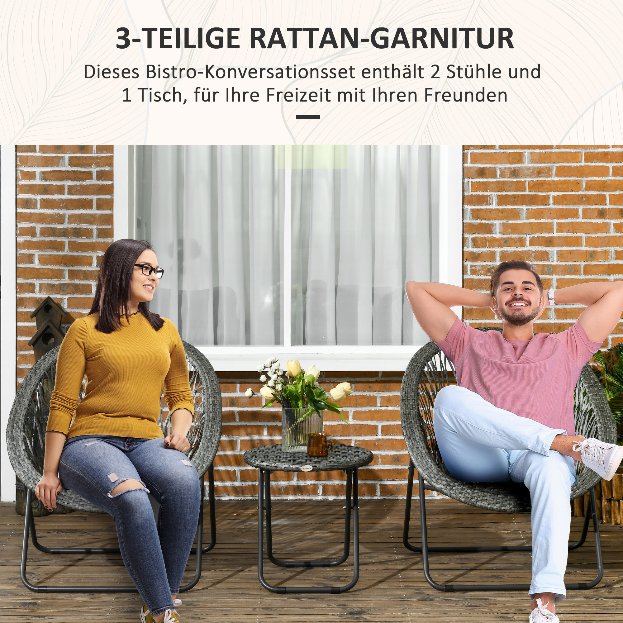 Aiamööbli komplekt, 3-osaline, rotangi imitatsioon, 2 tooli, 1 laud, kokkupandav, hall