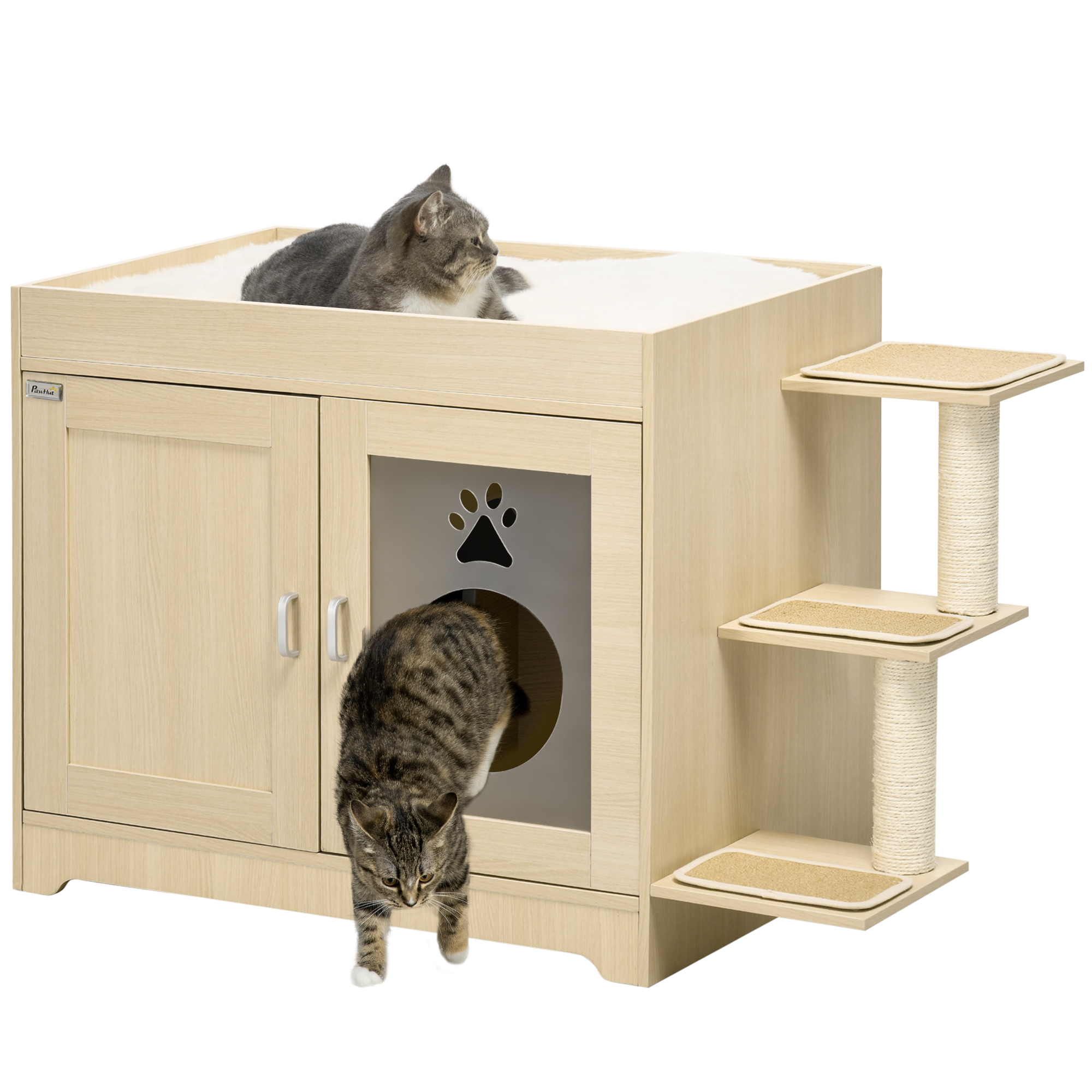 PawHut Mueble Arenero para Gatos con Cama Cojín Suave Plataformas y  Postes de Sisal 107x54x70 cm Roble