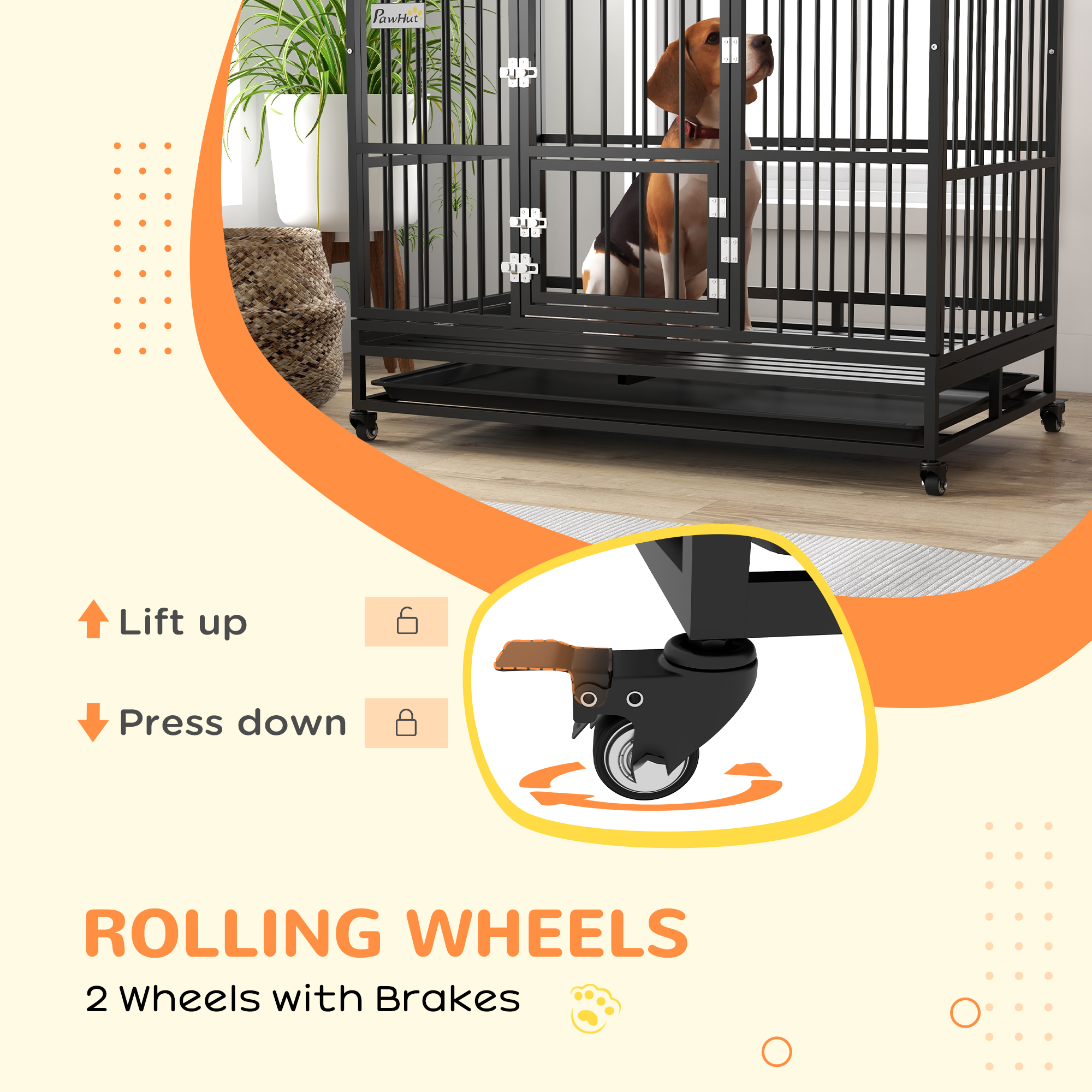 PawHut 48" Heavy Duty Dog Crate on Wheels, with Removable Tray, Openable Top, for L, XL Dogs Black 5