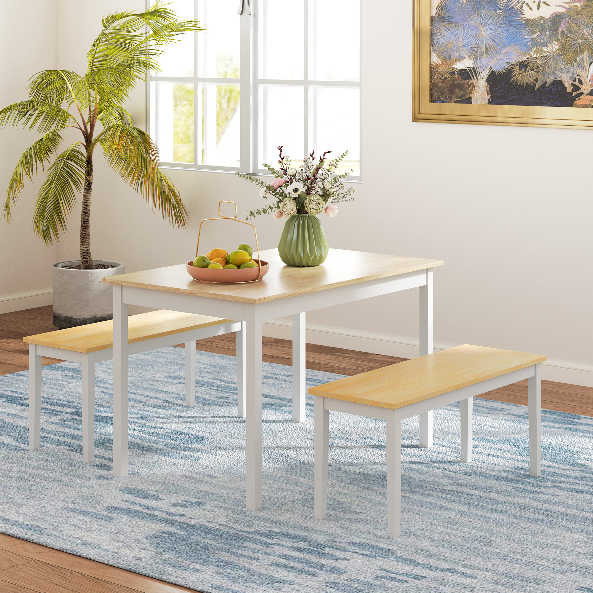 HOMCOM Dining Table and Bench Set, Farmhouse Kitchen Table and Bench with Wooden Frame for Living Room, Dining Room, Natural and White 2