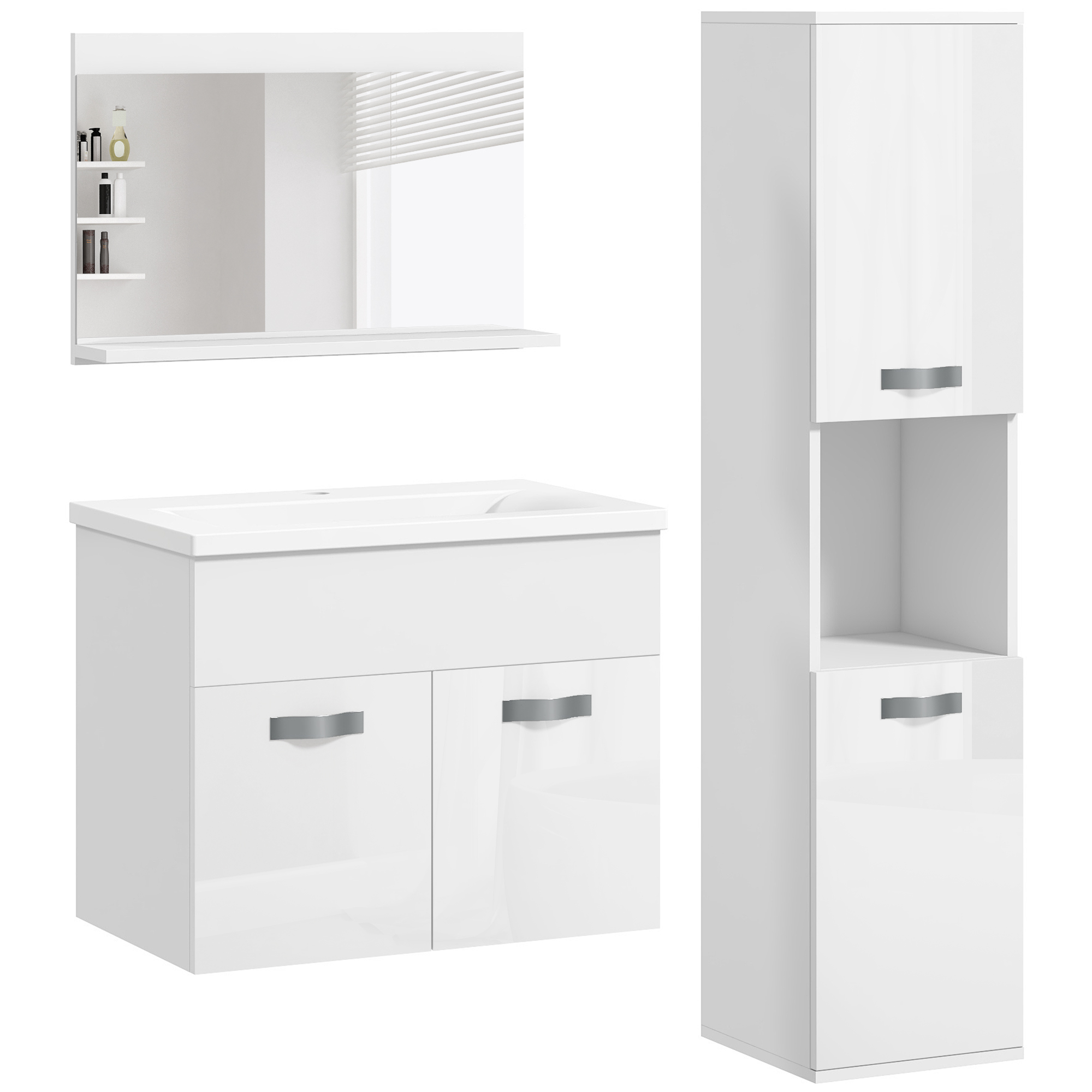 kleankin Conjunto de Muebles de Baño de Pared 3 Piezas Incluye Espejo Armario con Lavabo Cerámico y Columna de Baño Blanco