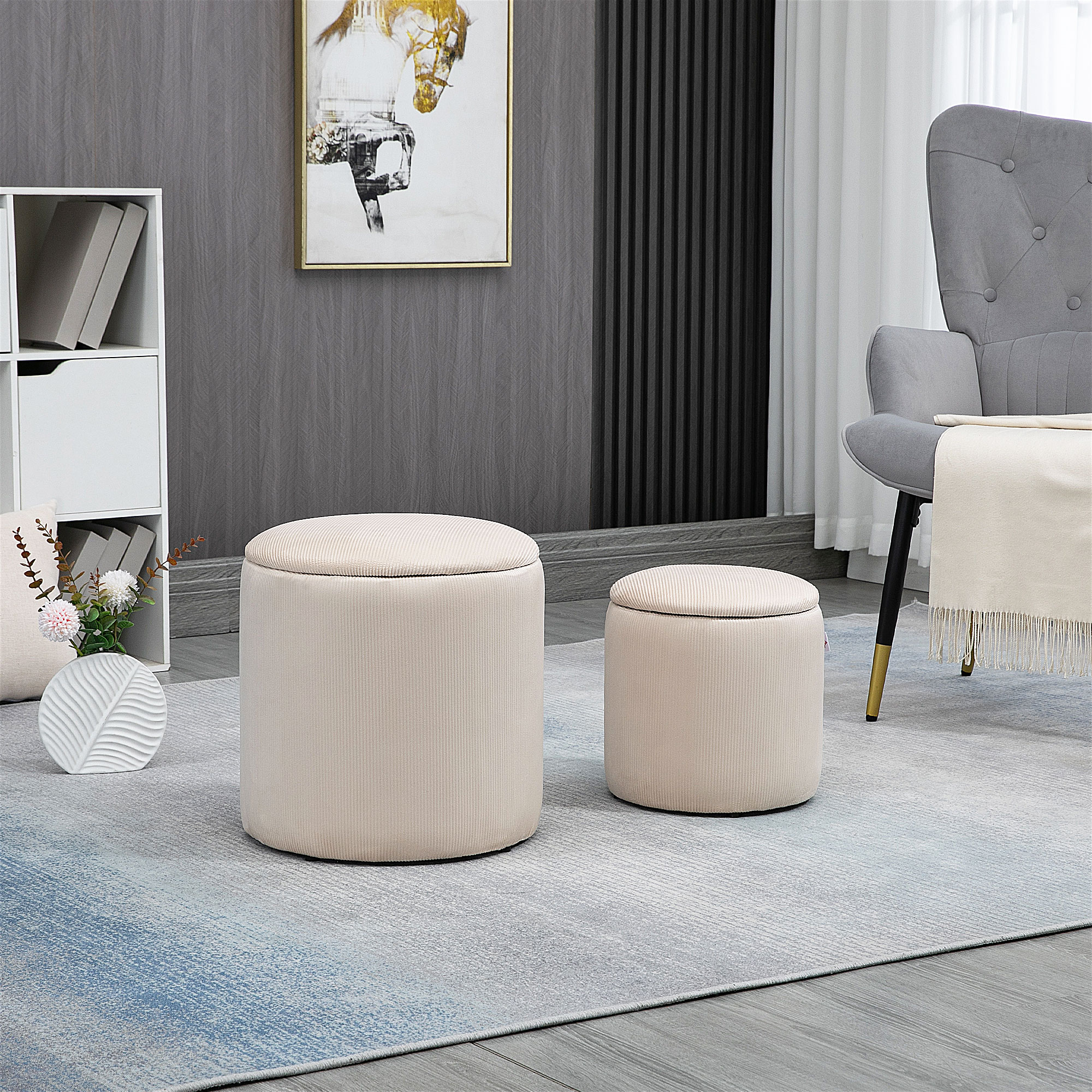 Lot De 2 Poufs Rangement HOMCOM - Velours Côtelé Crème