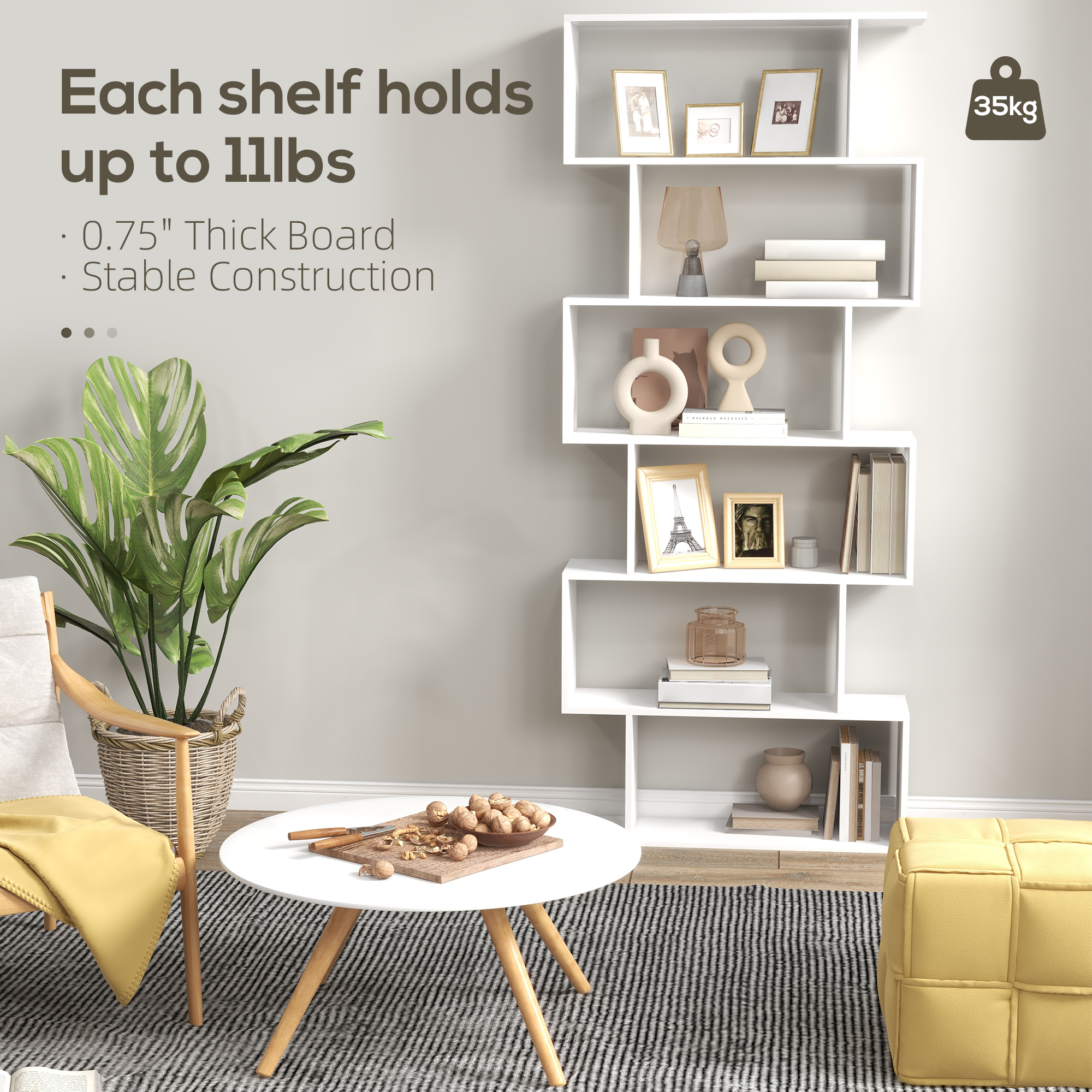 HOMCOM Bookcase, 6 Tier Shelf S Shaped Bookshelf, Storage Unit, Display Shelf for Living Room, Bedroom, Home Office, Plant, White 6