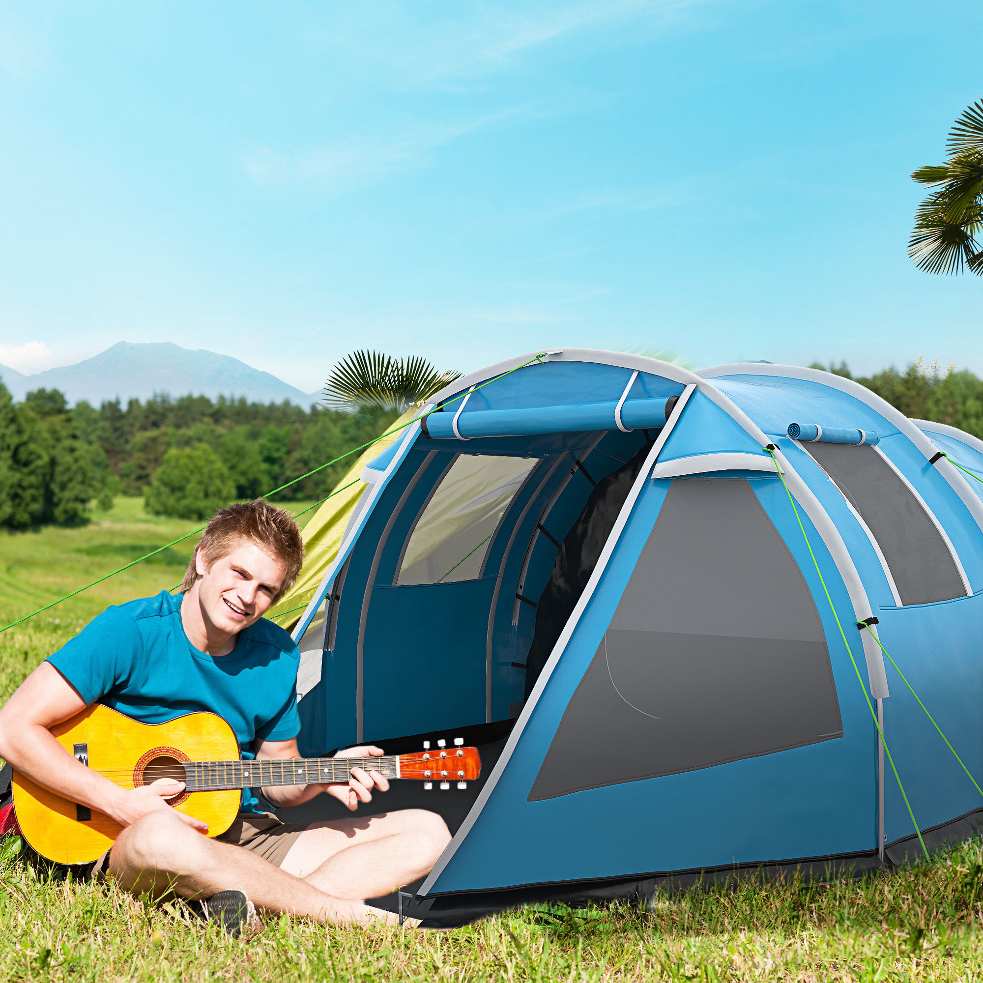 Outsunny 3-4 Man Tunnel Tent, Two Room Camping Tent with Windows, Portable Carry Bag, for Fishing, Hiking, Sports, Festival Blue 2