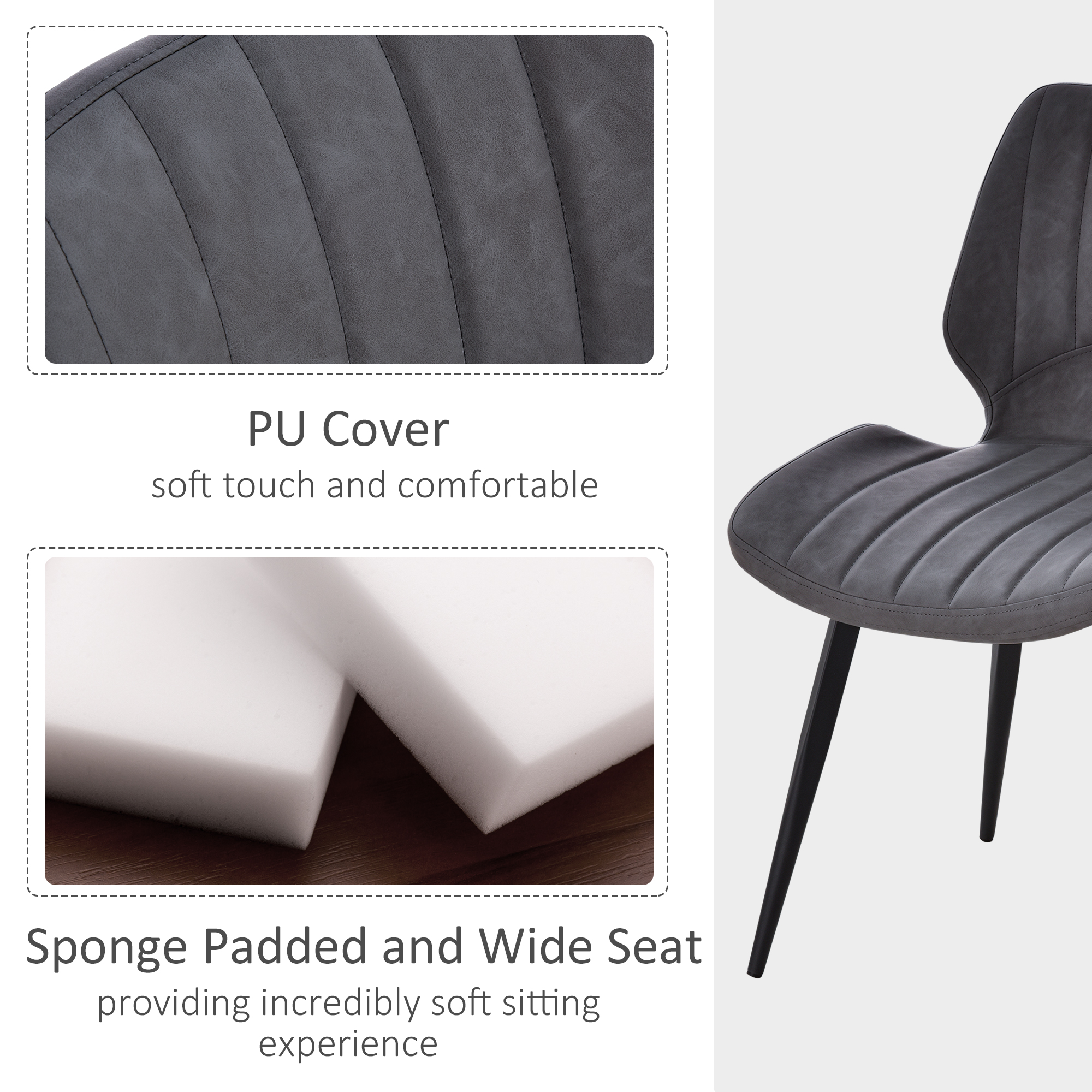 HOMCOM Dining Chairs Set of 2, PU Leather Upholstered Kitchen Chairs with Backs, Moulded Padded Seats and Steel Frame for Dining Room, Grey 5