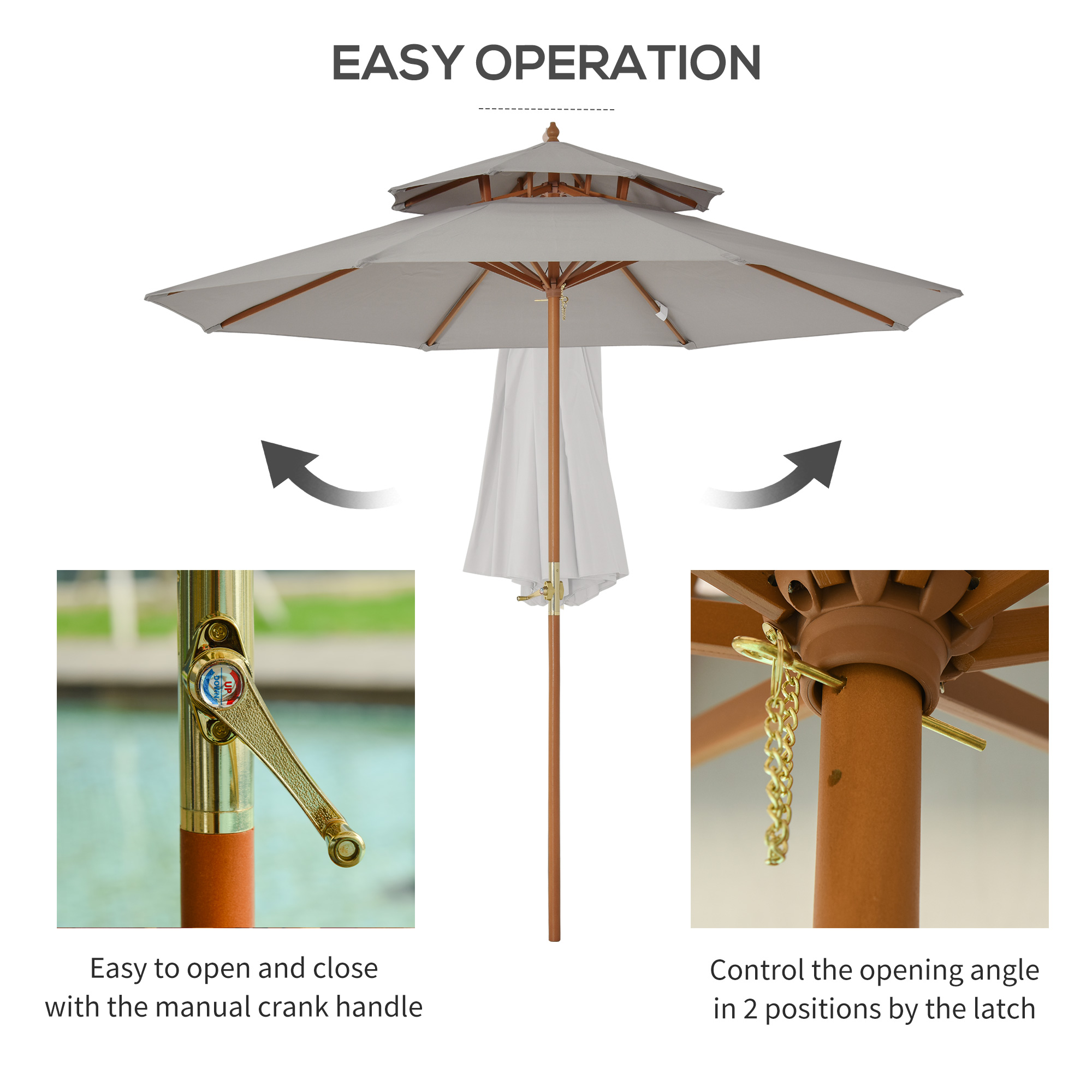 Outsunny 2.7m Elegant Wooden Frame Parasol Umbrella Grey 6