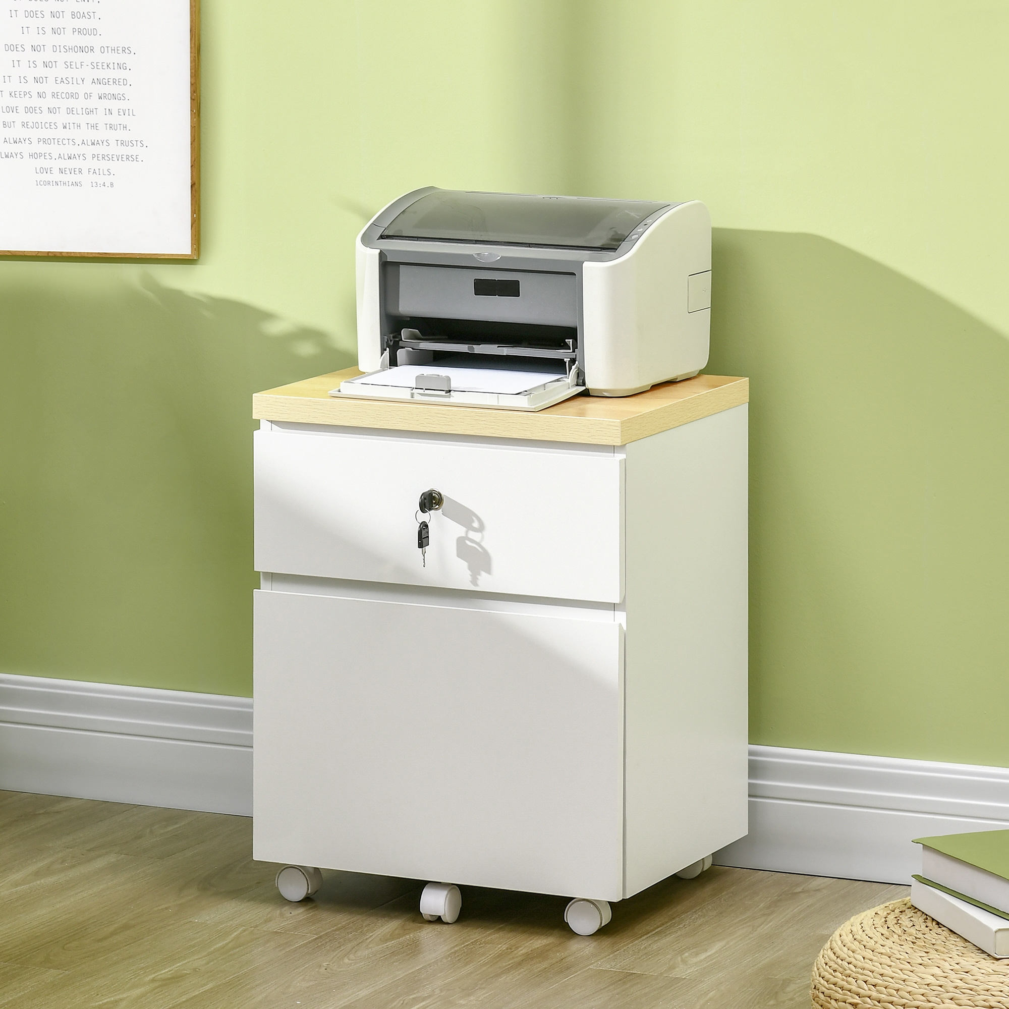 Vinsetto 2-Drawer Filing Cabinet with Lock, Mobile File Cabinet with Hanging Bars for Legal Size and Wheels, Home Office Study, White 2