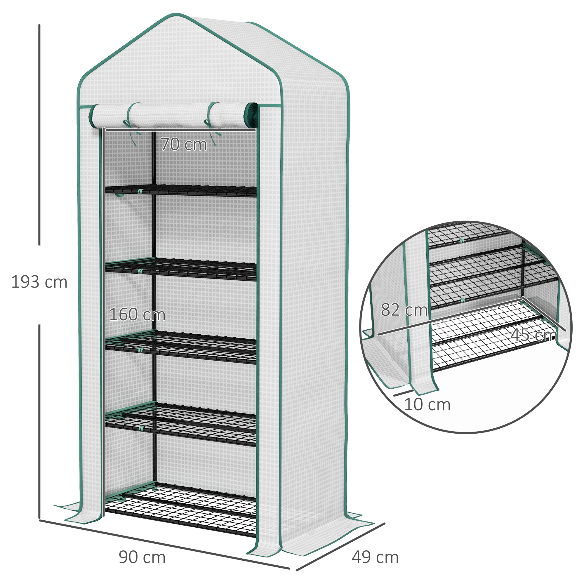 Outsunny 5 Tier Widened Mini Greenhouse with Reinforced PE Cover, Portable Indoor Outdoor Green House with Roll-up Door and Wire Shelves, 193H x 90W x 49Dcm, White 3