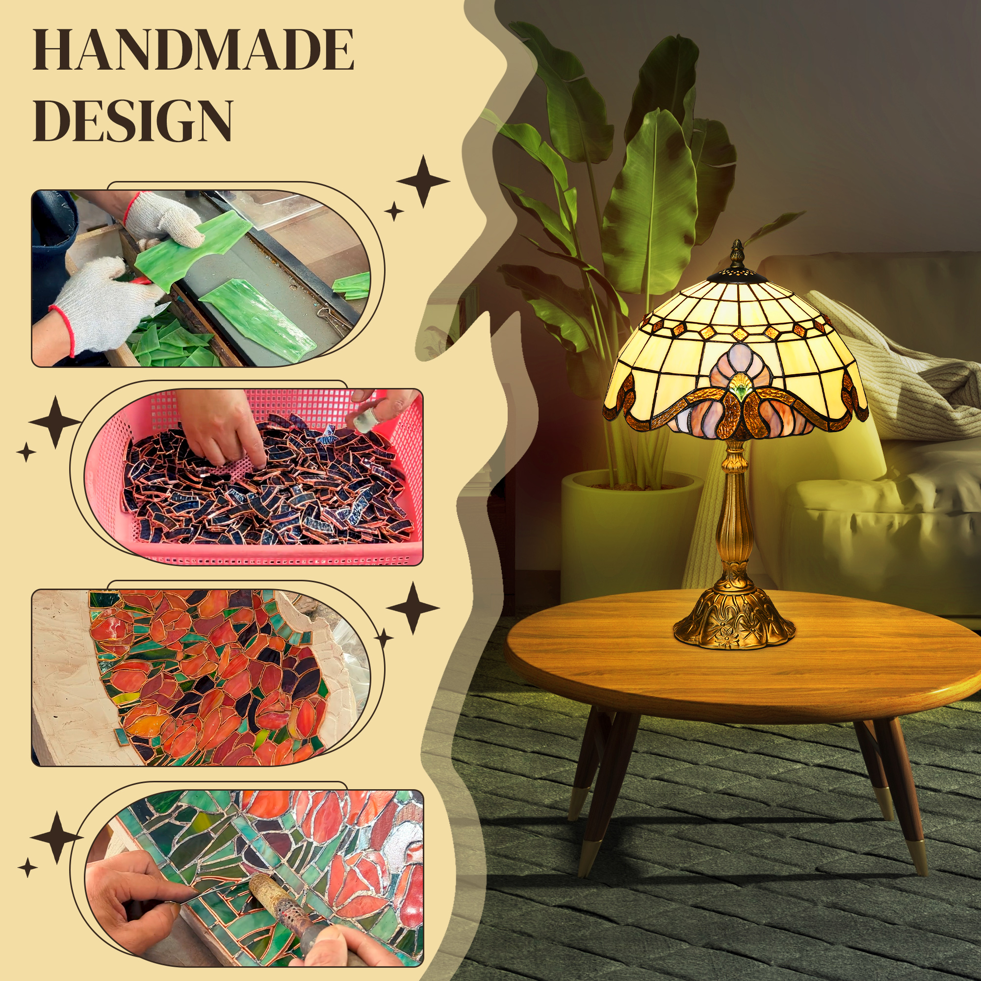 HOMCOM Stained Glass Table Lamp, Handmade Antique Bedside Lamp, Decorative Night Light for Bedroom, Living room, Home, Nightstand 4