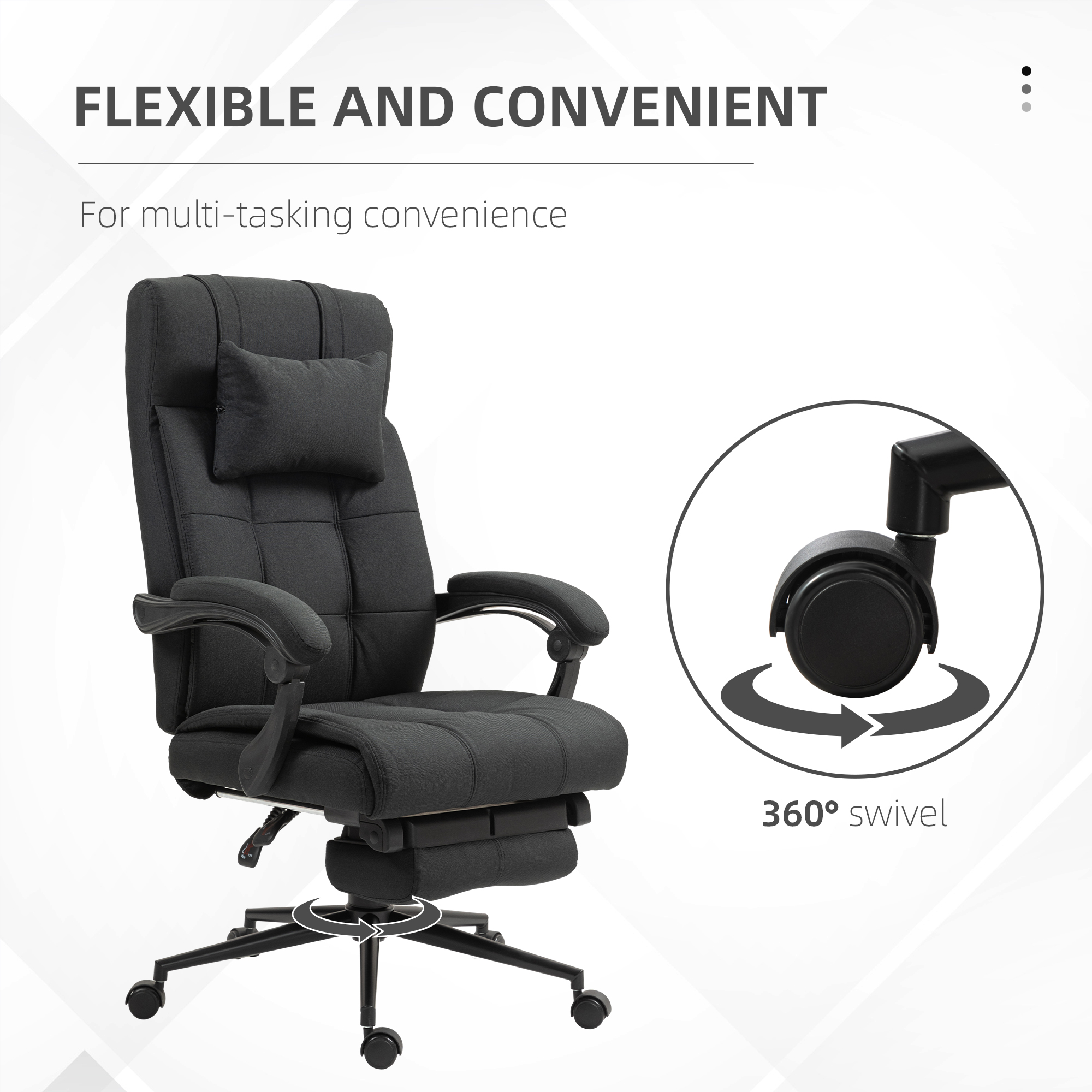 Vinsetto Office Desk Chair with Footrest, Headrest Pillow, Home Office Chair with Reclining Backrest, Swivel Wheels, Black 6