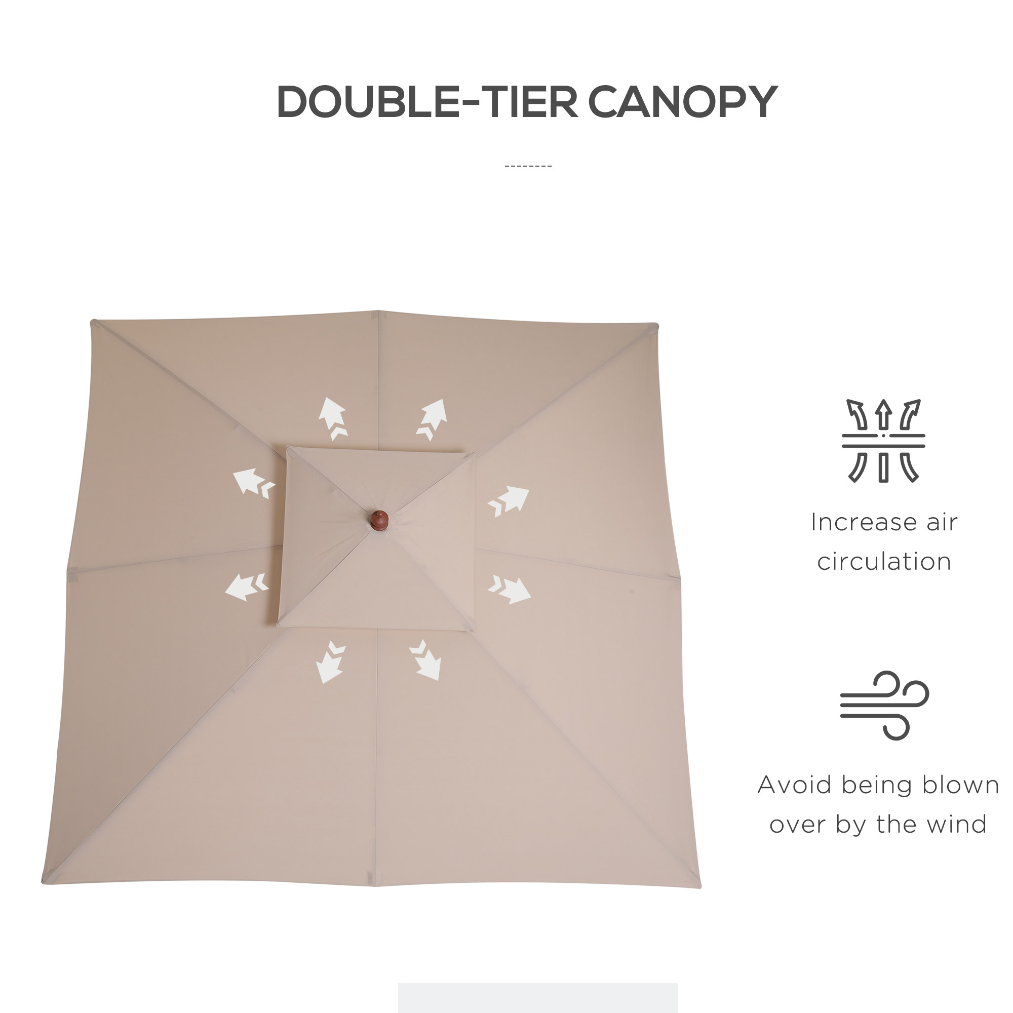 Outsunny 3 x 3 metre Patio Parasol Garden Umbrellas Sunshade Outdoor Wooden Parasol Canopy Double Tier, Beige, BASE NOT INCLUDED 5