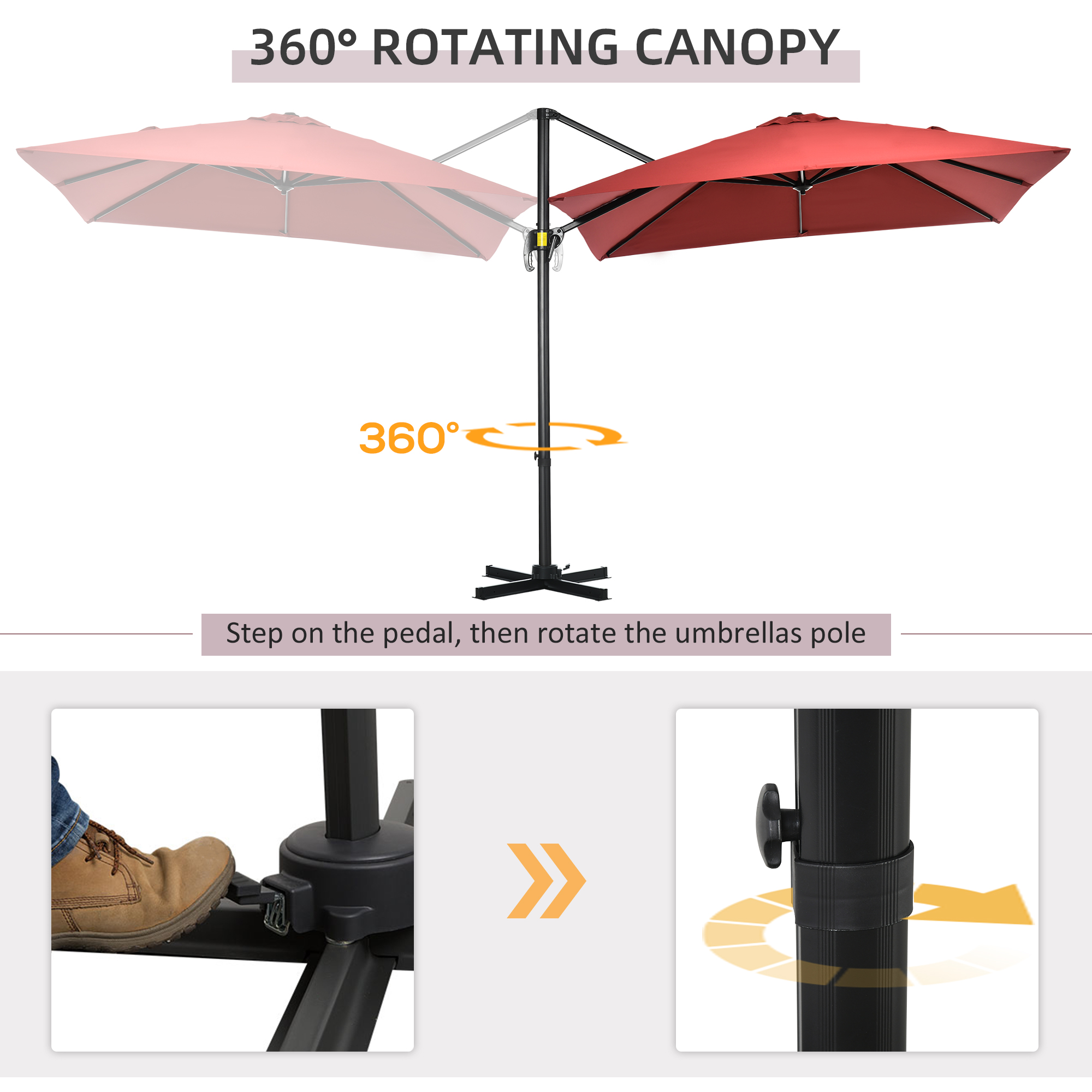 Outsunny 2.5 x 2.5m Patio Offset Parasol Umbrella Cantilever Hanging Aluminium Sun Shade Canopy Shelter 360° Rotation with Crank Handle and Cross Base, Wine Red 4