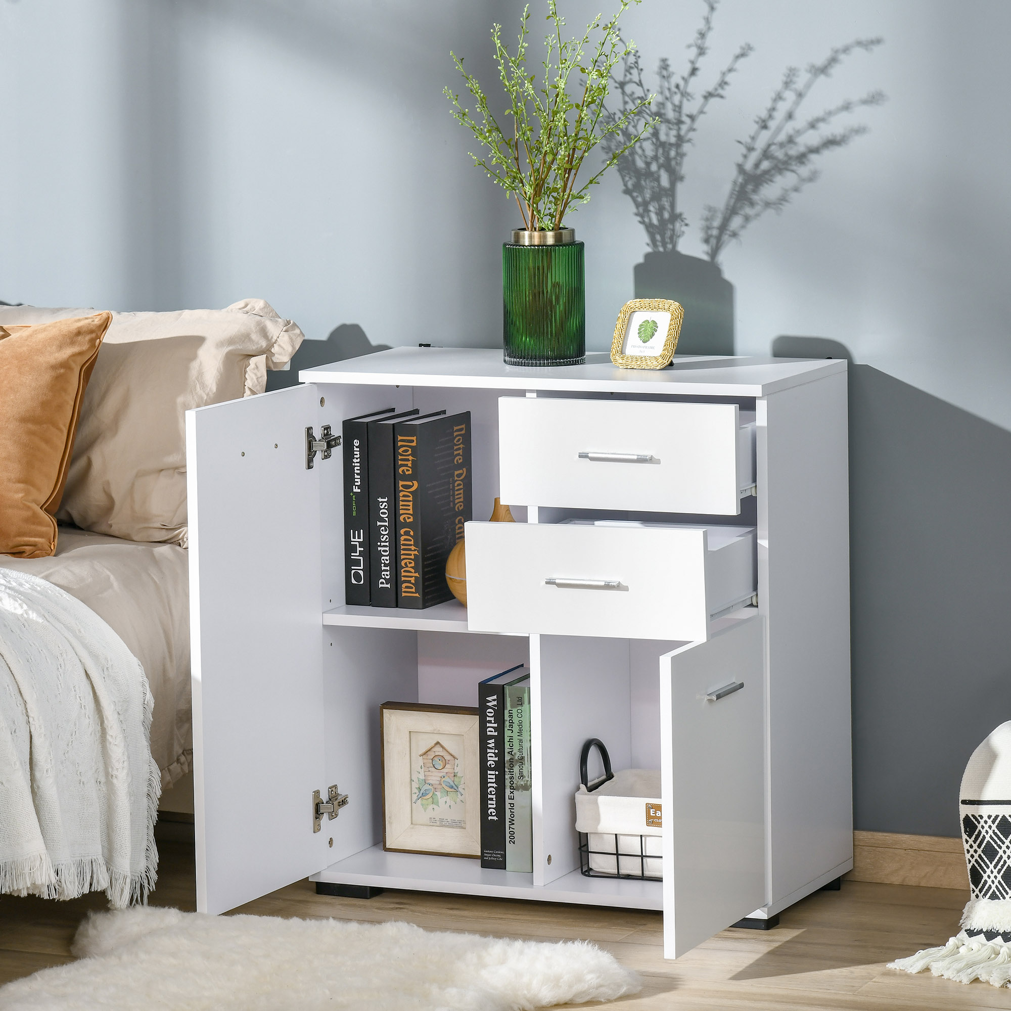 HOMCOM Sideboard, Modern Storage Cabinet with 2 Drawers, 2 Doors and Adjustable Shelf, Kitchen Cabinet for Living Room, Dining Room, High Gloss White 4