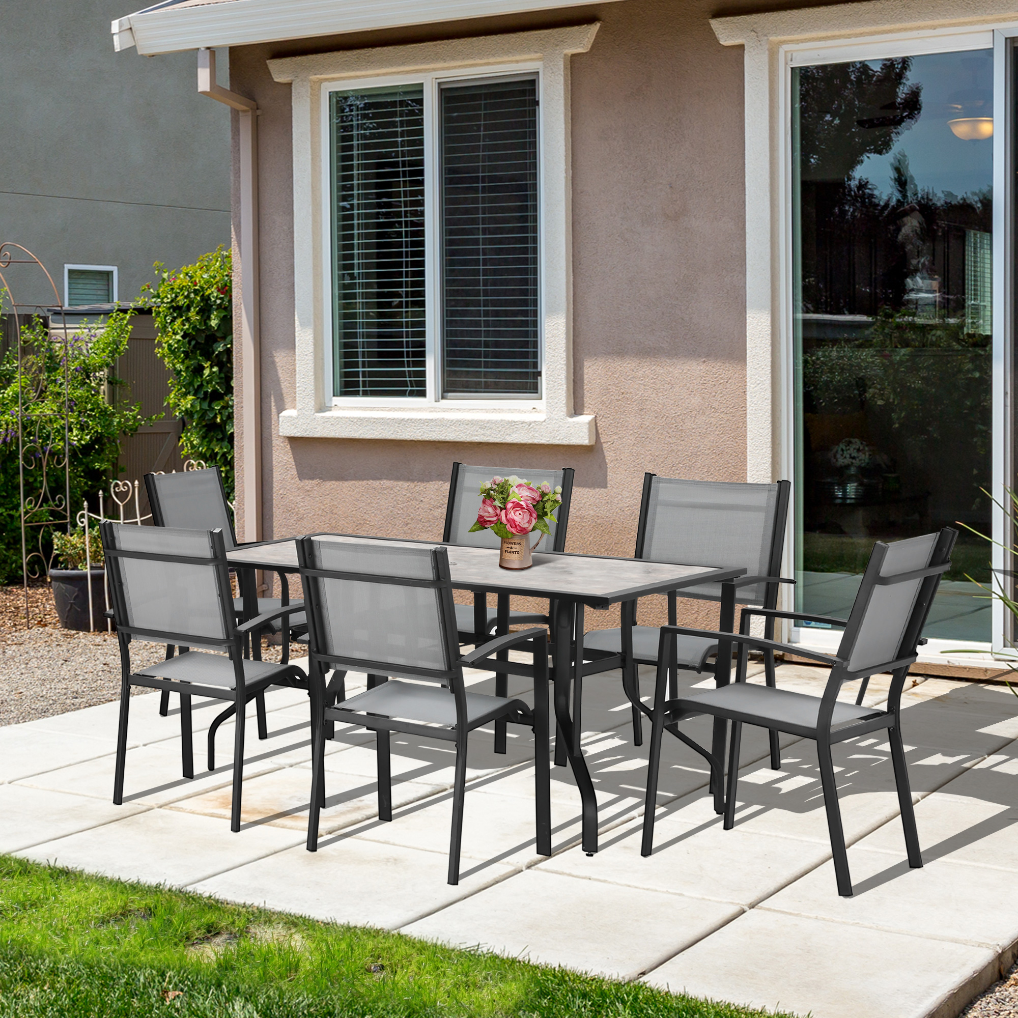 Outsunny 7 Pieces Garden Dining Set, 6 Seater Garden Table and Chairs with Parasol Hole, Outdoor Furniture Armchairs and Stone-like Plastic Top Table with Breathable Mesh Fabric Seat, Grey 2