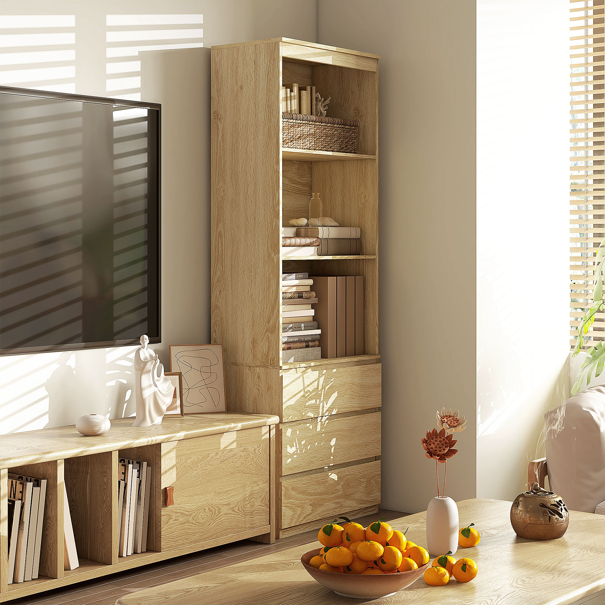 HOMCOM 180cm Tall Bookcase, with Shelves and Drawers Wood Effect 2