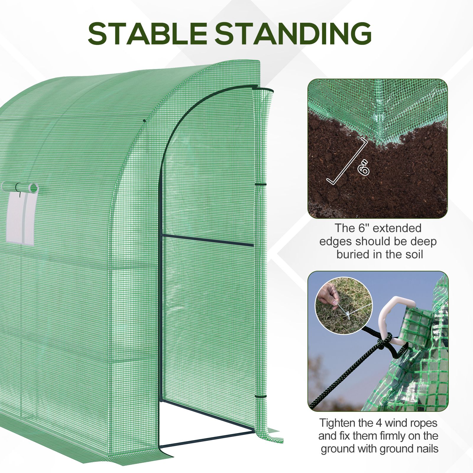 Outsunny Walk-In Lean to Wall Greenhouse with Windows and Doors, Outdoor Green House with 3 Tiers 4 Wired Shelves, 200L x 100W x 215Hcm, Green 4