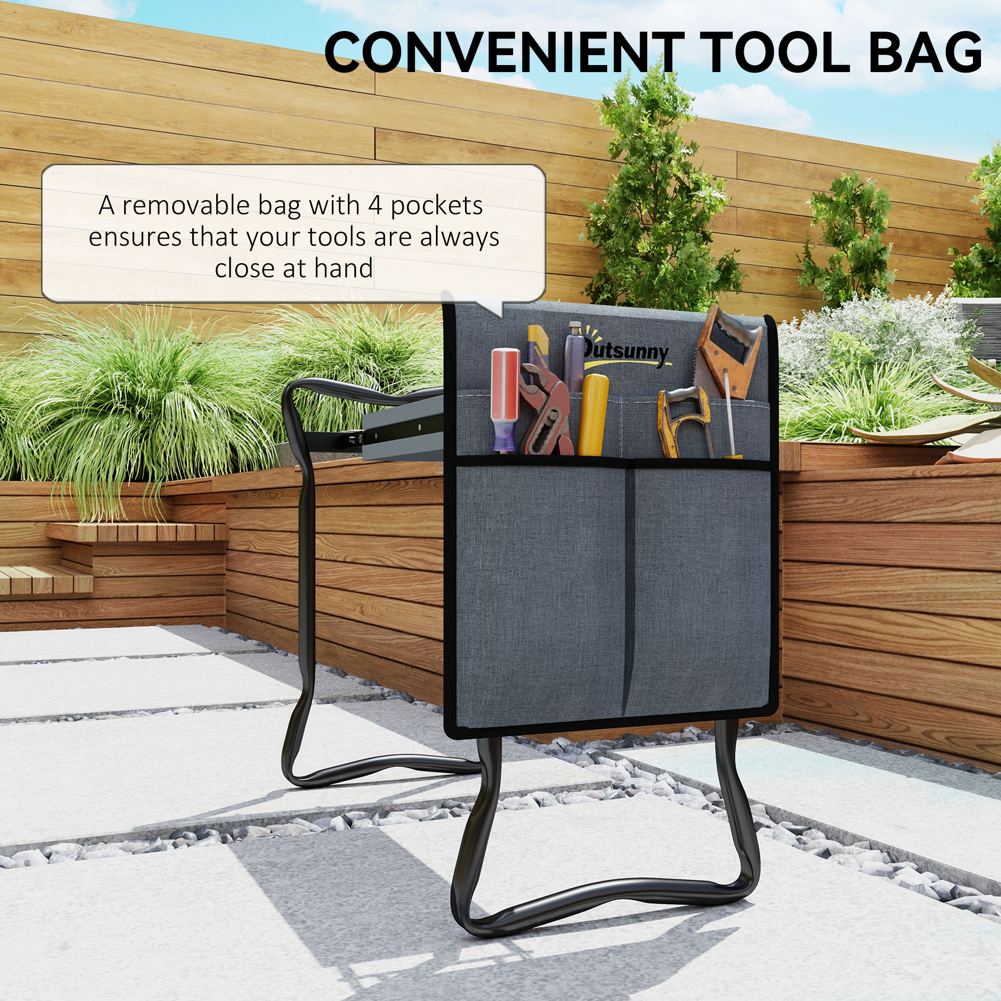 Outsunny Steel Frame Padded Garden Kneeler, with Tool Bag Grey 6