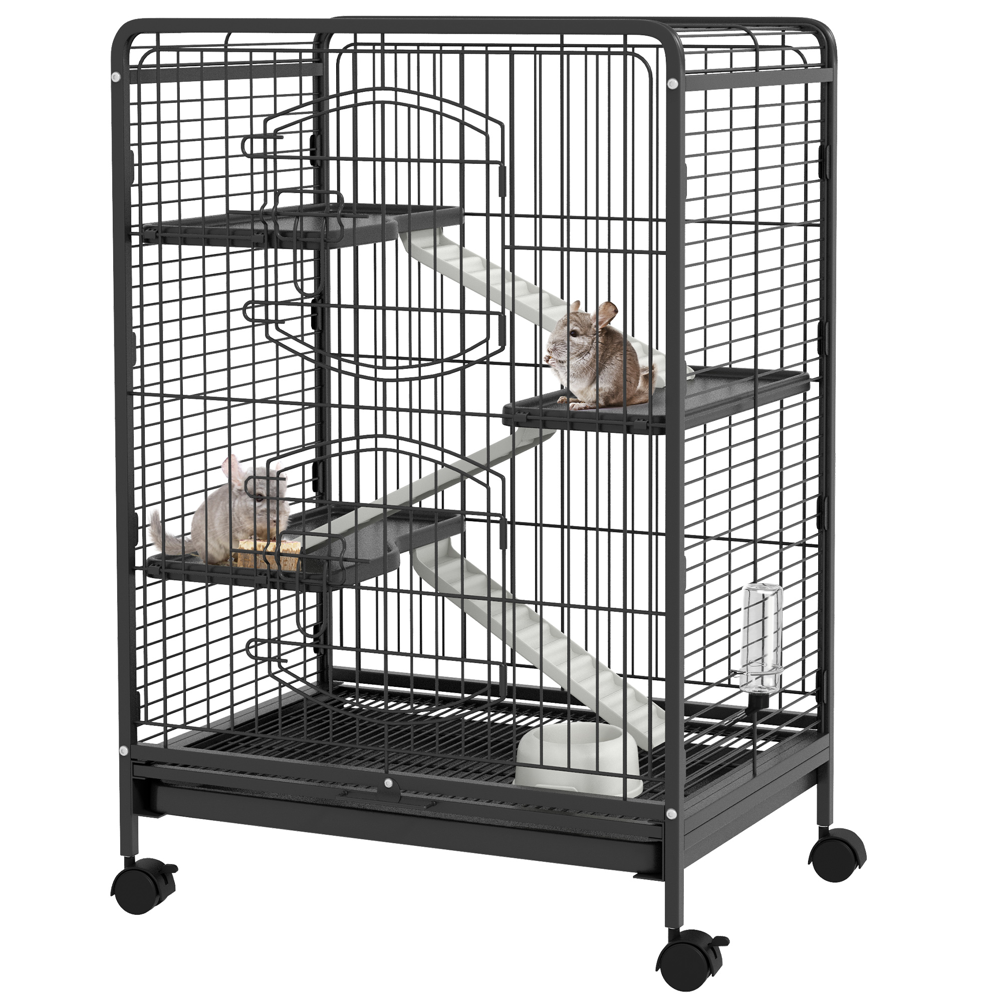 Comparer les prix de PawHut Cage pour Petits Animaux Roulante 3 Rampes 3 Plates-formes Plat et Bouteille d'Eau Bac Inférieur Amovible Acier PP Noire