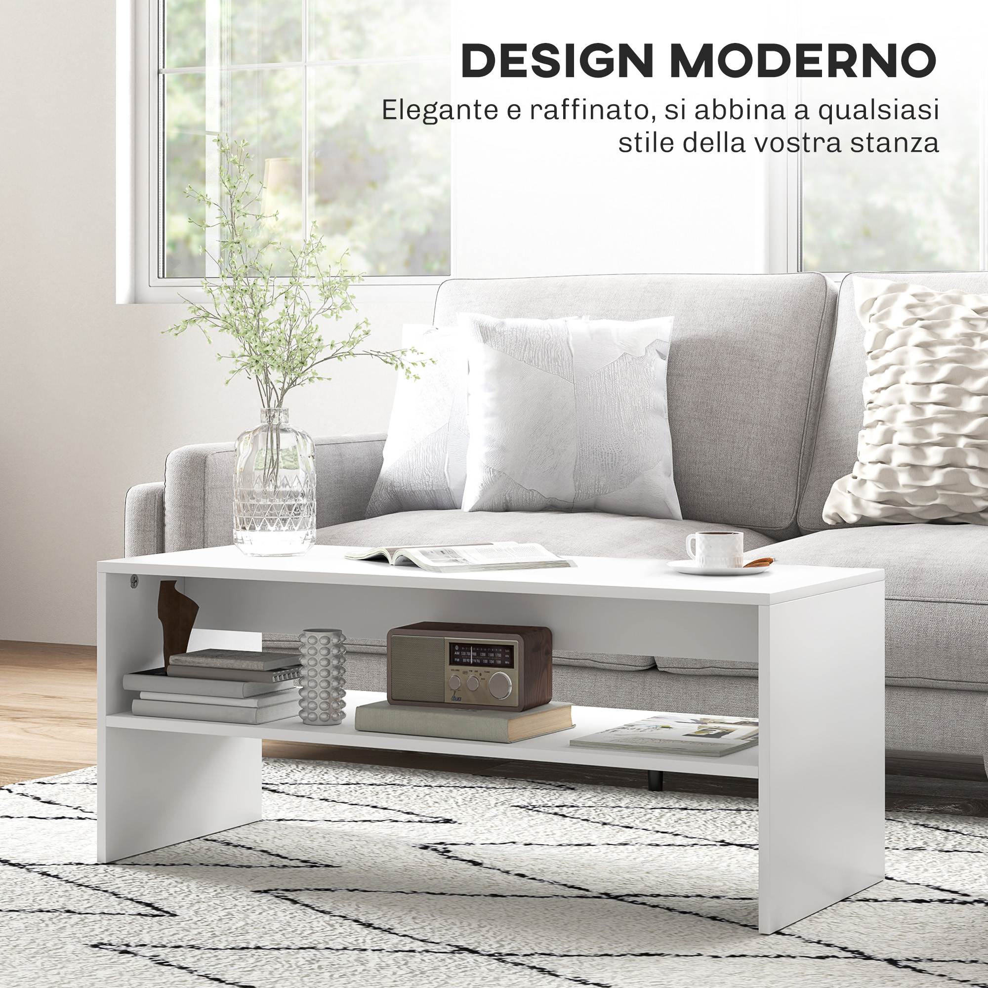 HOMCOM Tavolino da Caffè Moderno in Legno a 2 Livelli con Ripiano Aperto, 100x40x41.5 cm, Bianco