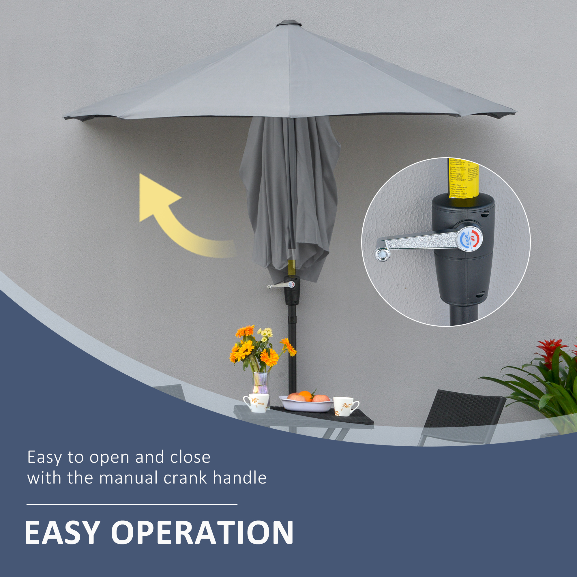 Outsunny 2m Half Parasol Market Umbrella Garden Balcony Parasol with Crank Handle, Base, Double-Sided Canopy, Dark Grey 5