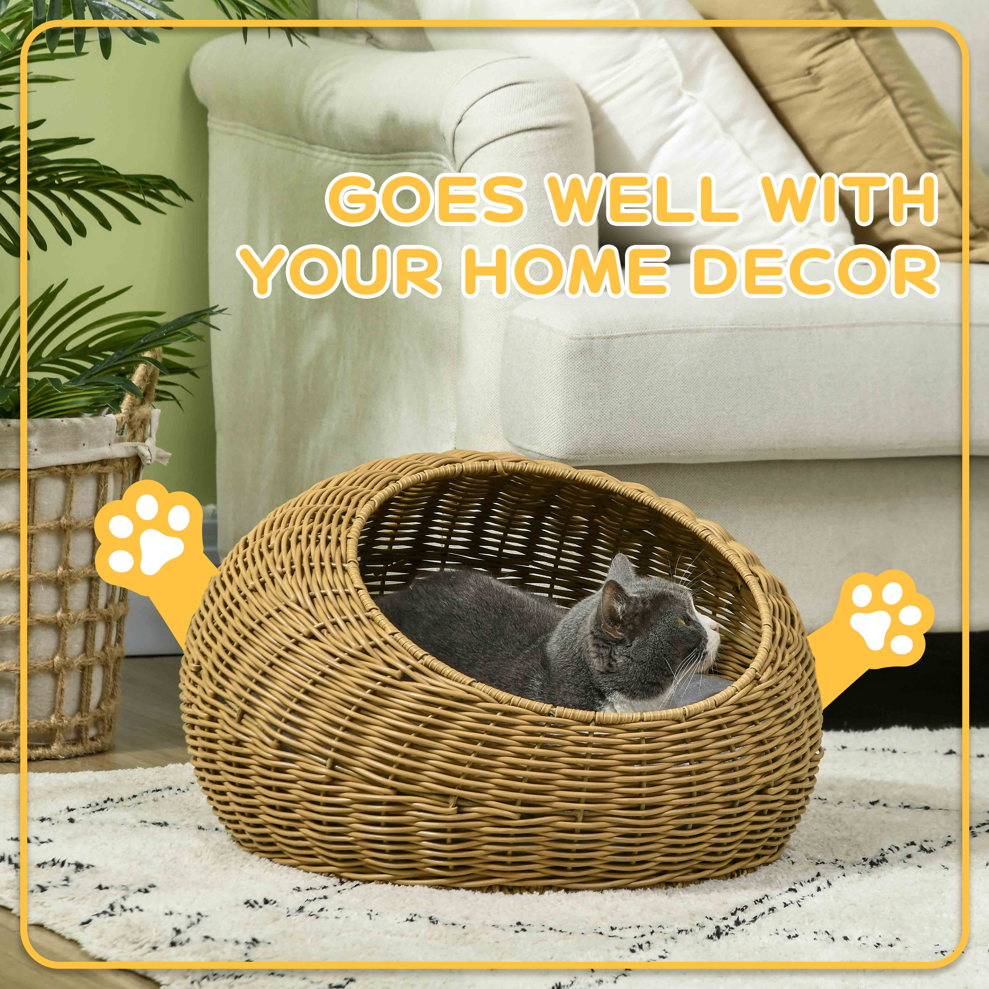 PawHut Wicker Cat House with Washable Cushion for Indoor Cats, Light Brown 6
