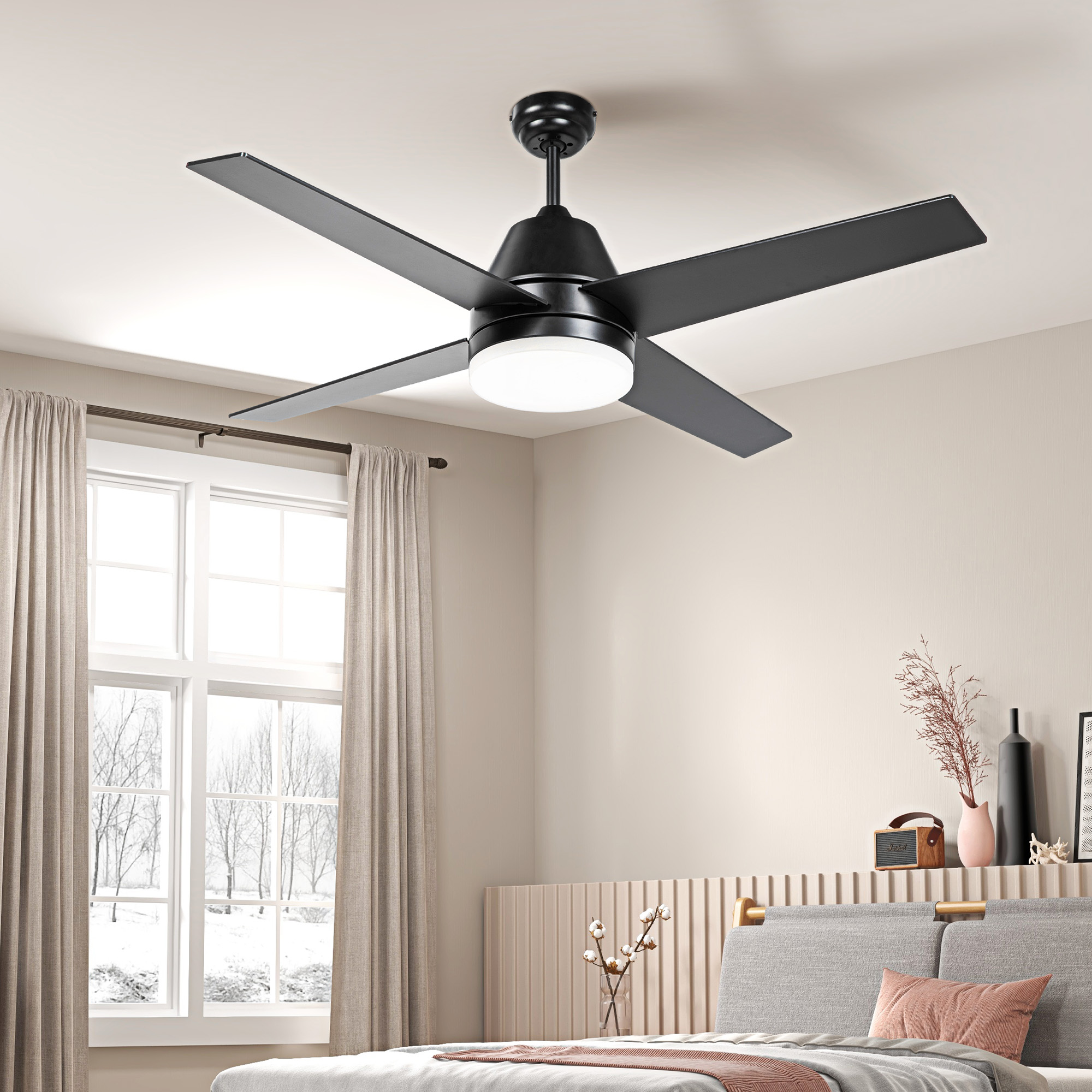 HOMCOM Ceiling Fan with LED Light, Flush Mount Ceiling Fan Lights with Reversible Blades, Pull-chain, White and Natural Tone