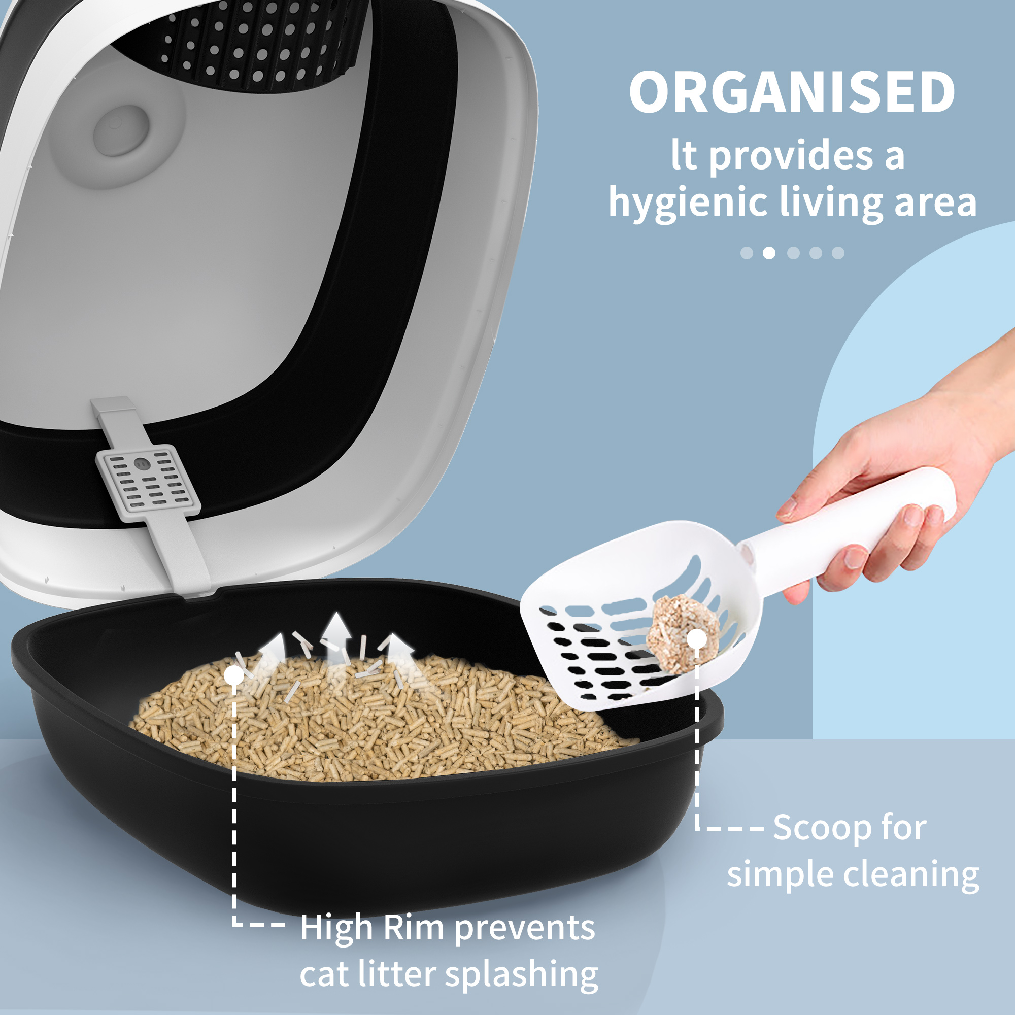 PawHut Foldable Cat Litter Tray with Lid, Deodorant, Scoop, Black 5