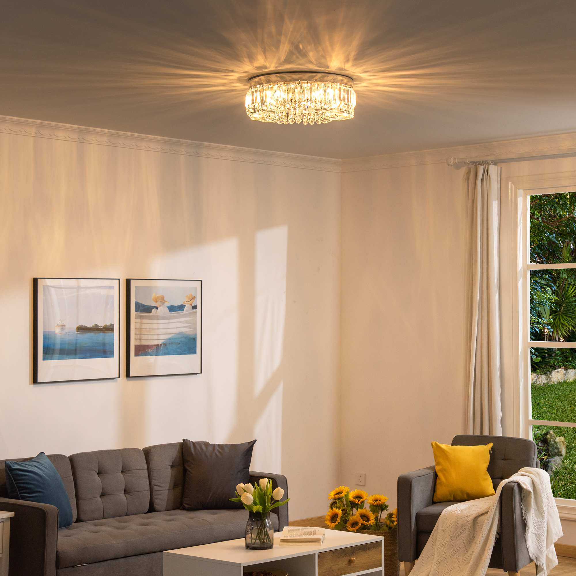 HOMCOM Crystal Ceiling Light Modern Chandeliers Stainless Steel Pendant Lights with Crystal Decorations for Living Room Bedroom Dining Room Hall Silver 2