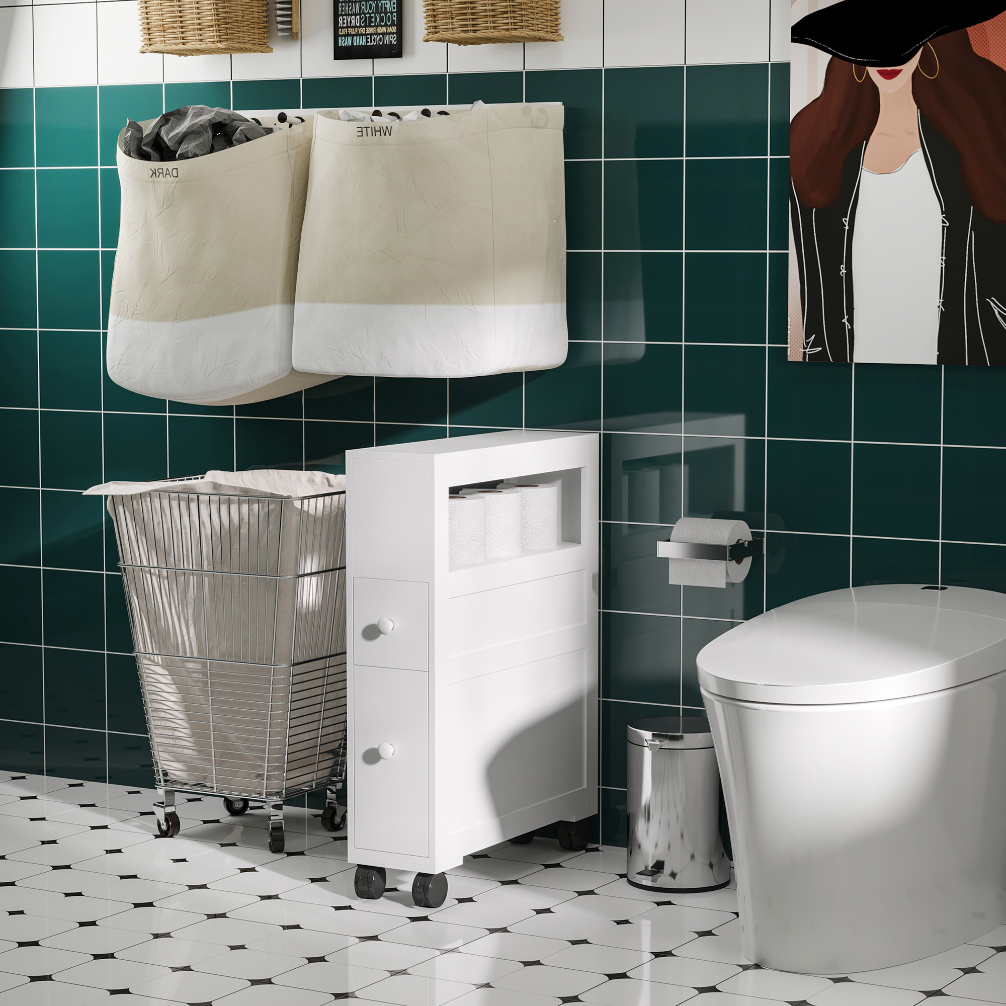 HOMCOM 72x16cm Narrow Bathroom Storage Unit w/ 2 Drawers Open Top 4 Wheels Slimline Modern Rolling Home Organisation 2