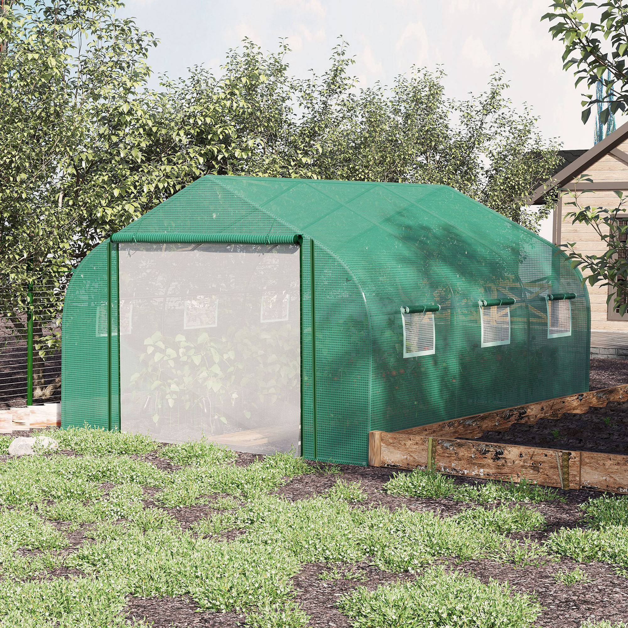 Outsunny Walk-in Polytunnel Garden Greenhouse, Outdoor Mesh Door Greenhouse with PE Cover and 6 Windows, 3.5 x 3 x 2m, Green 2