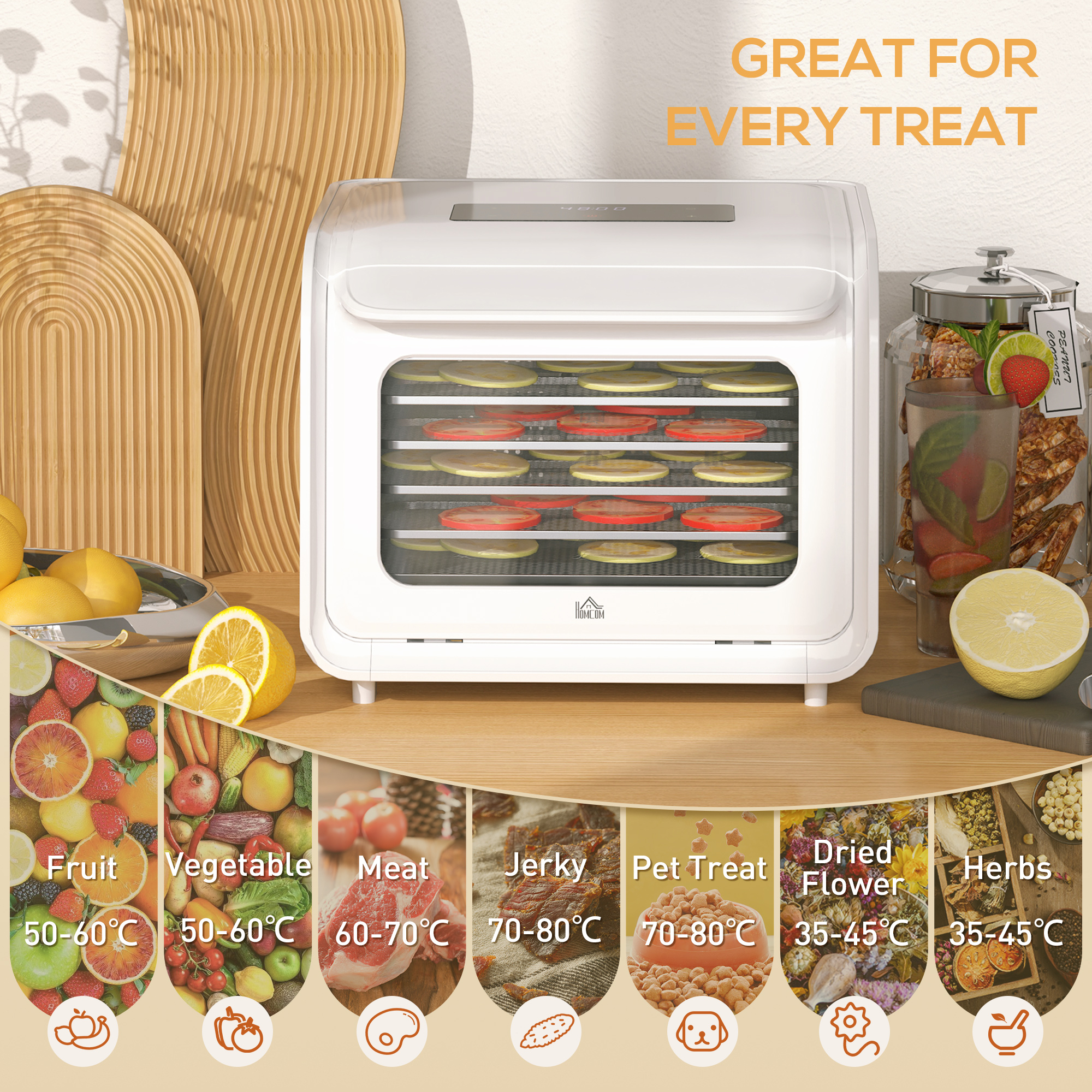 HOMCOM 35-70°C Six-Tray Food Dehydrator White 5