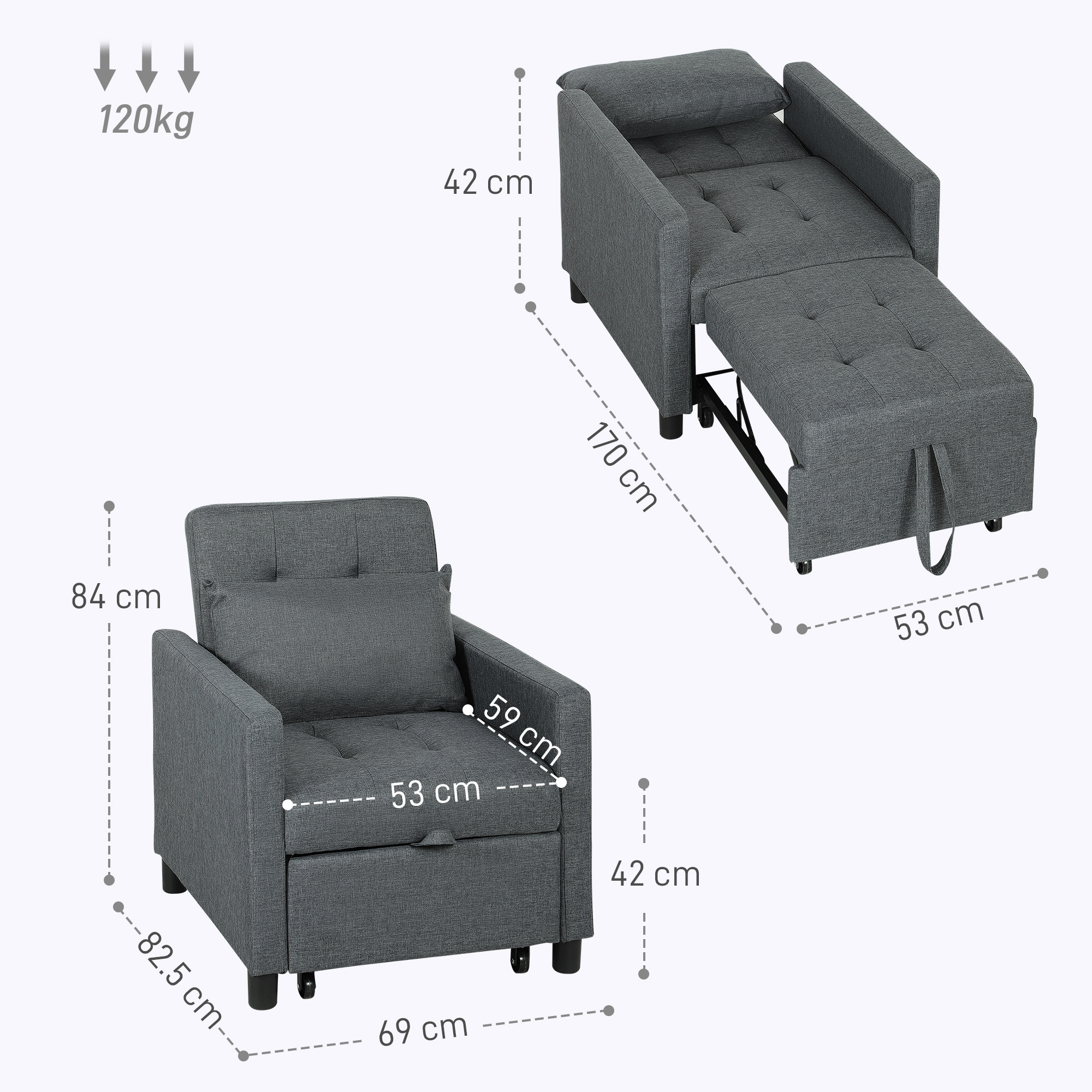HOMCOM 3-In-1 Chair Bed, Convertible Sleeper Chair with Adjustable Backrest, Pillow and Footrest for Living Room, Dark Grey 3