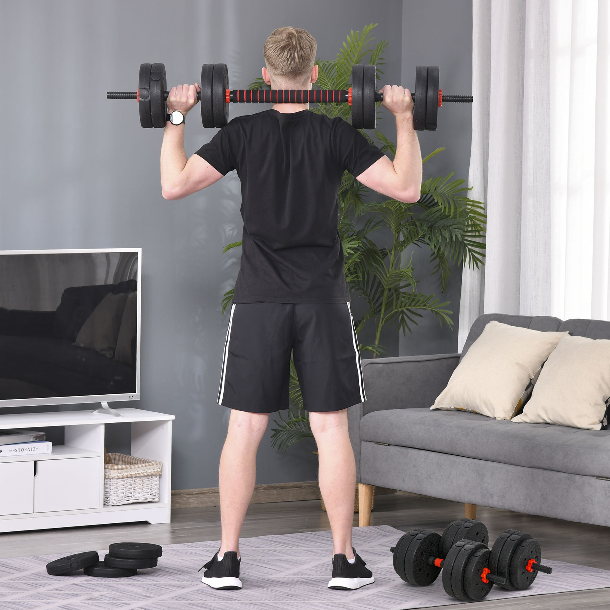 HOMCOM 25kg 2 IN 1 Adjustable Dumbbells Weight Set, Dumbbell Hand Weight Barbell for Body Fitness, Lifting Training for Home, Office, Gym, Black 2