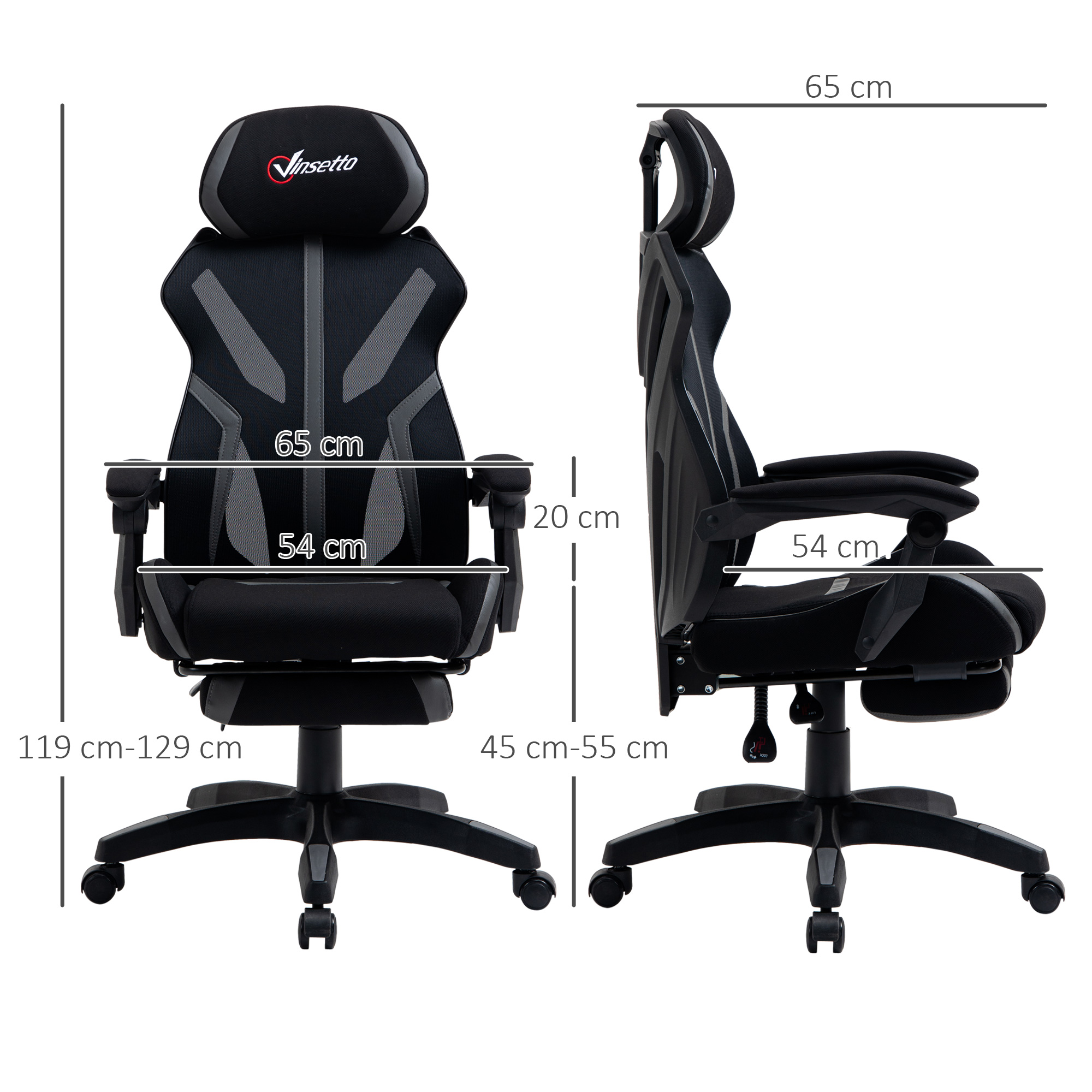 Vinsetto Mesh Office Chair Desk Task Computer Recliner with Footrest, Lumbar Back Support, Swivel Wheels, Adjustable Height for Home, Black Grey 4