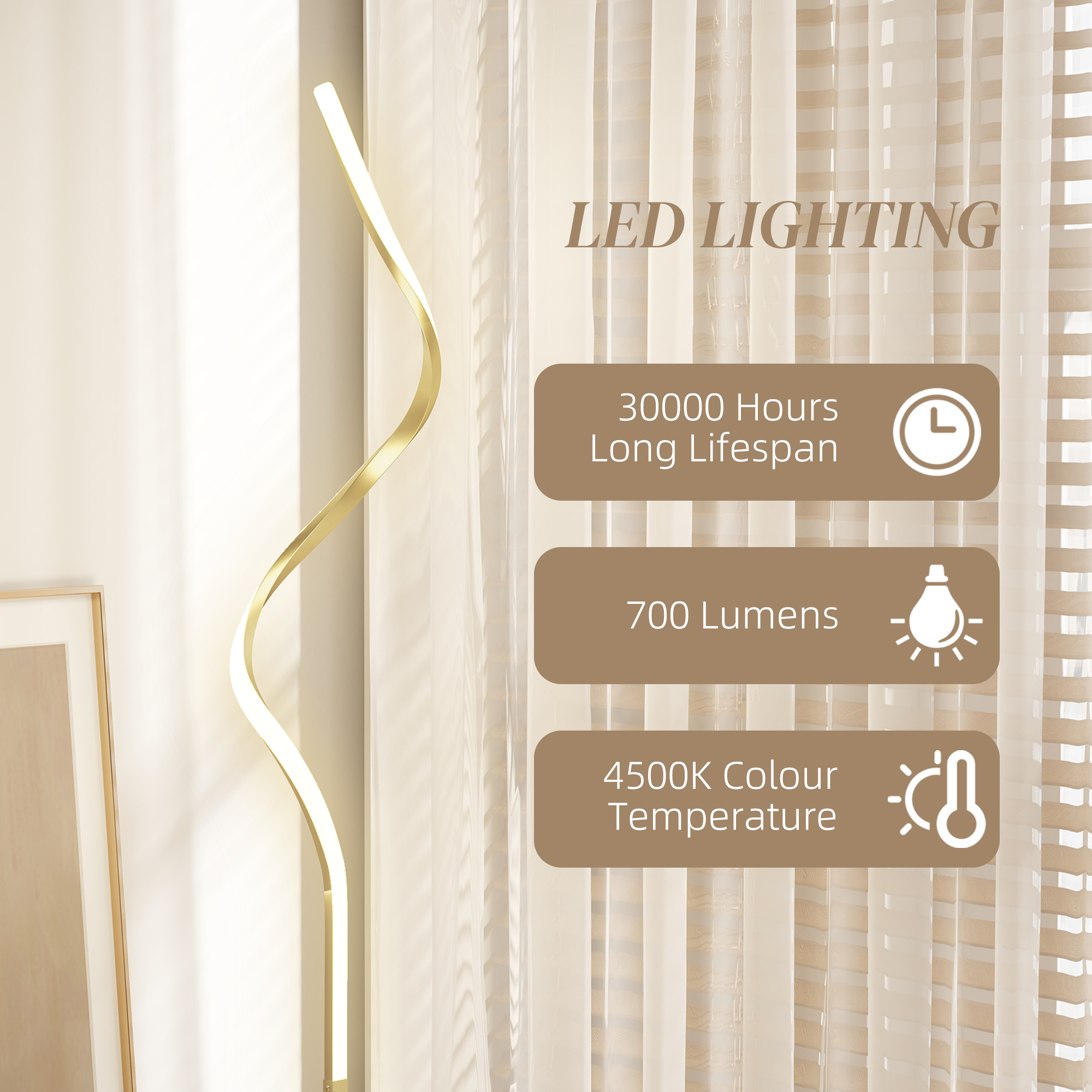 HOMCOM LED Floor Lamp with 3 Adjustable Brightness, Modern Dimmable Standing Lamp with Foot Switch for Bedroom, Living Room, Gold Tone 6